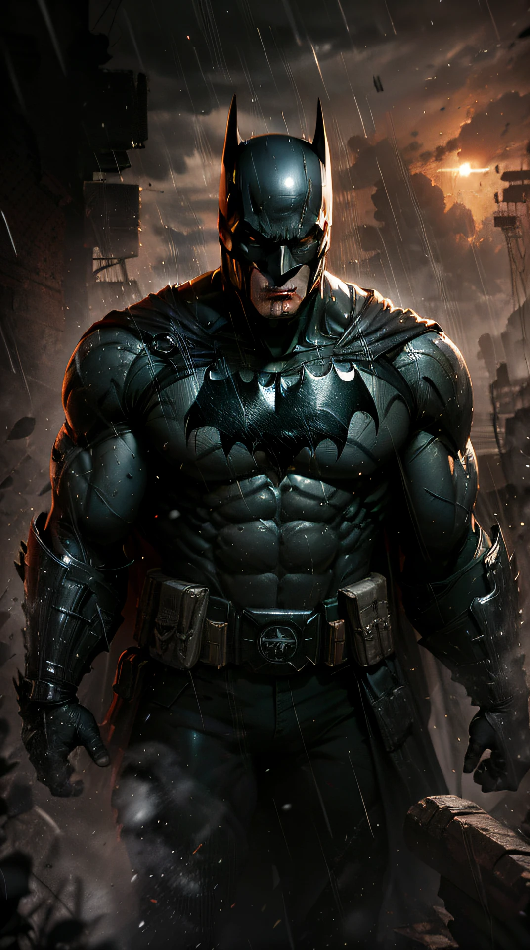 Batman, muscular, highly expressive and detailed face, looking at the viewer, heavy rain, unreal engine 5, 8k.