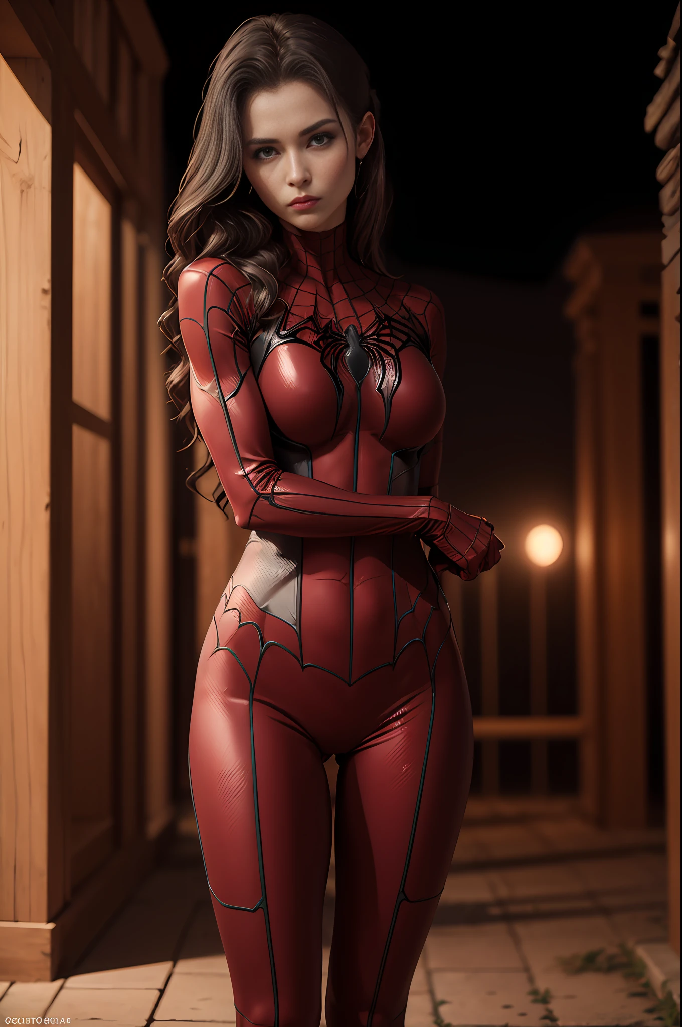 a photo of an attractive S033_RileyGuava, as (Spidergirl:1.1), (nighttime:1.3), (8k, RAW photo, best quality, ultra high res, photorealistic, masterpiece, ultra-detailed, Unreal Engine)