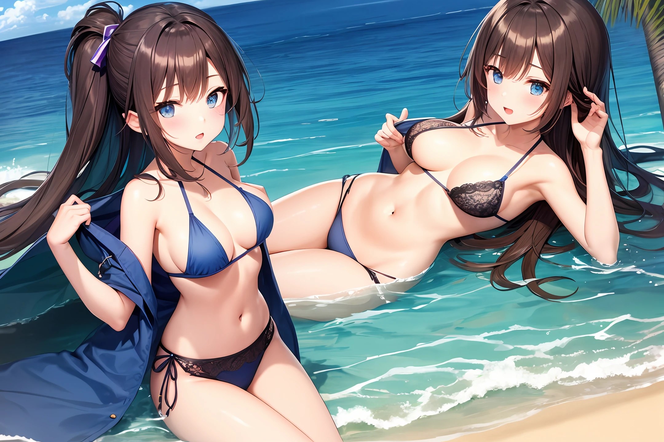 1girl,only in panties,not wearing bra,Bare chest,Bigchest,sea beach,is shy