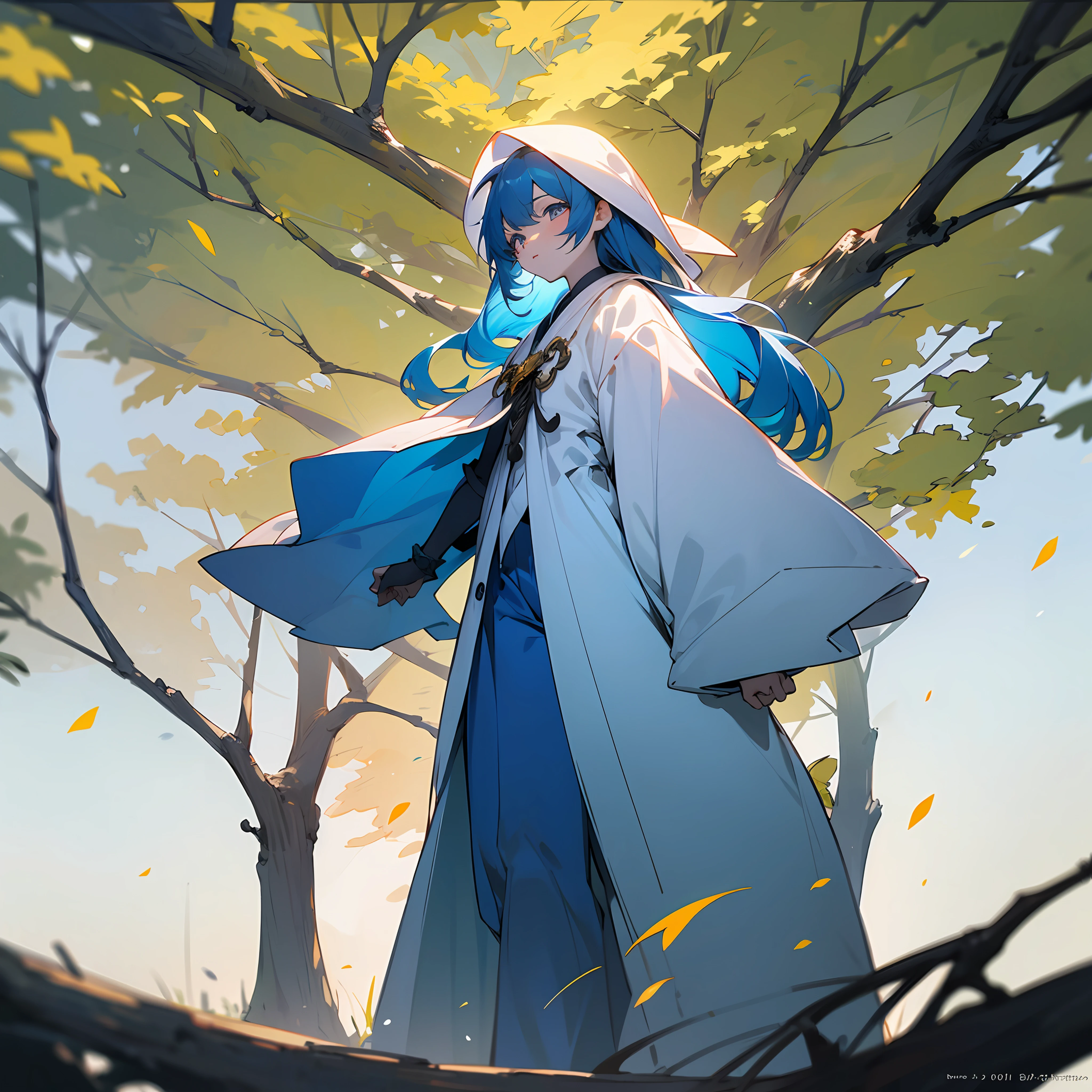 "solo person,(Beautiful、Characteristic labels with high fineness),(Blue hair enhanced:1.2),(White robes for decorative labels:1.1),(Blue clothing label enhanced:1.1),Sideways standing,cute girly,(Enhanced version for fair skin:1.1),(Label enhanced in sunlight:1.1),There are branches and leaves around。--aut"