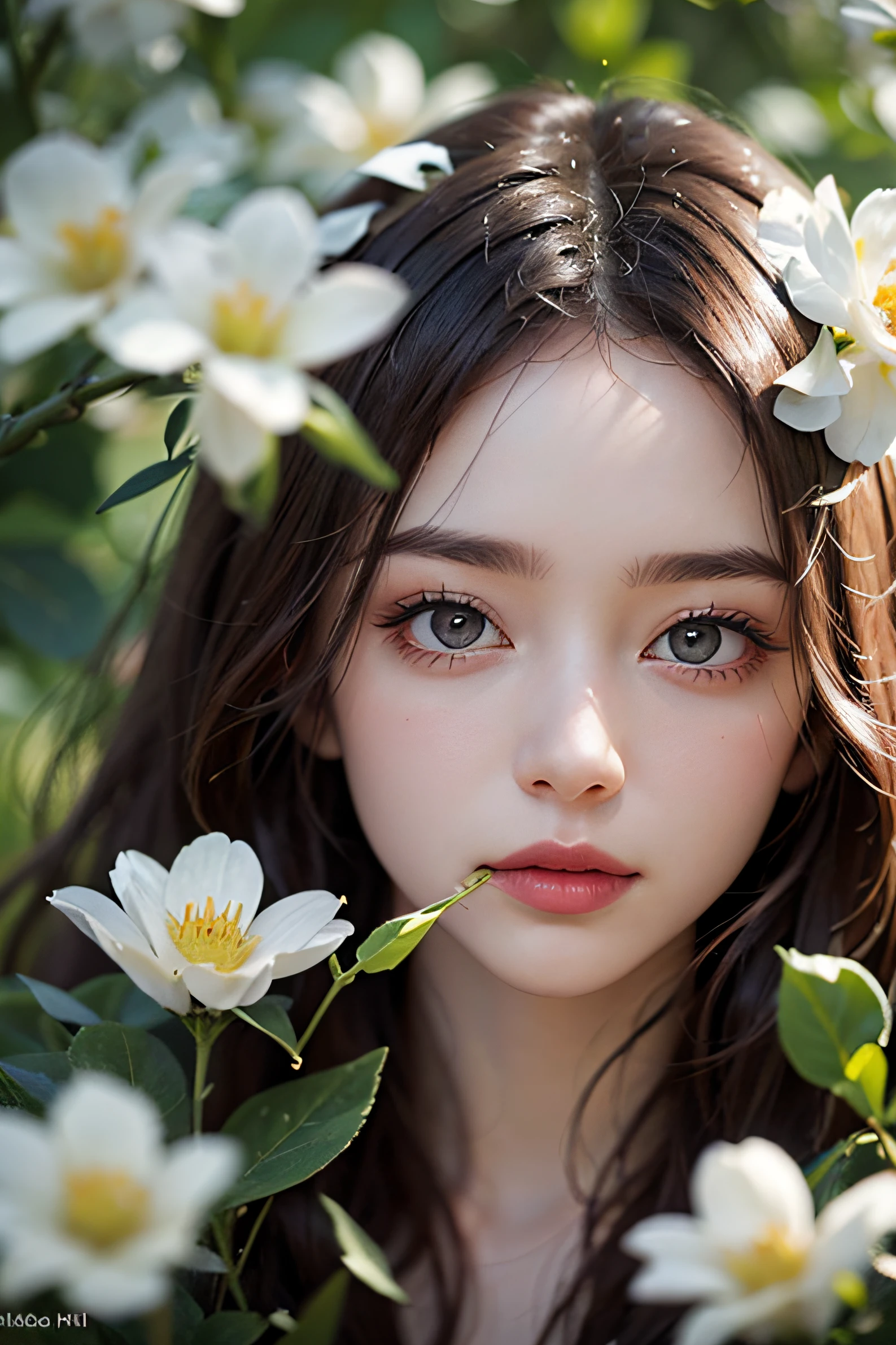 Photographic works，k hd，8K，photorealestic，A German woman with long hair，Stand among the flowers，A flower in his mouth，Beautiful，The light is gentle，Beautiful woman，Exquisite facial features，detail-rich