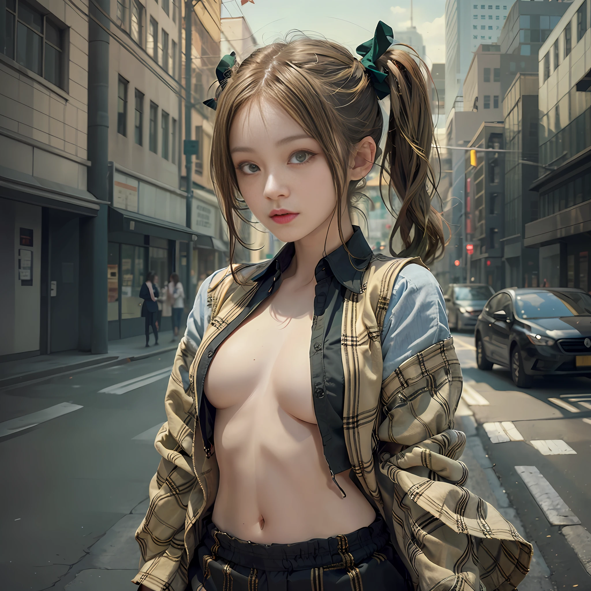 1girl. Open shirt: 0.3, green twin tails hair, ( gowing golden eyes: 1.3, ), upper body, waist up, high detailed natural realistic skin, paw pose