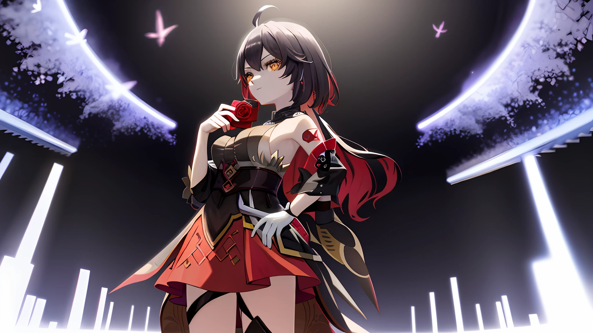 Anime characters with long hair and yellow eyes standing in front of purple lights, Ayaka Genshin impact, From Arknights, Today's featured anime stills, screenshot from the anime film, of a ramlethal valentine, ayaka game genshin impact, anime big breast《kingpin》Albedo in , Keqing from Genshin Impact, half invoker half megumin