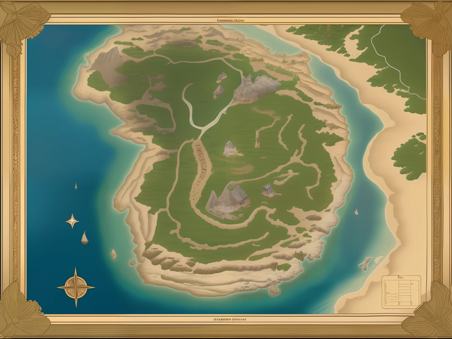 (Masterpiece, Best_quality: 1.1), a parchment map showing the large uninhabited island with the sea outside, the island other area was covered by clouds.