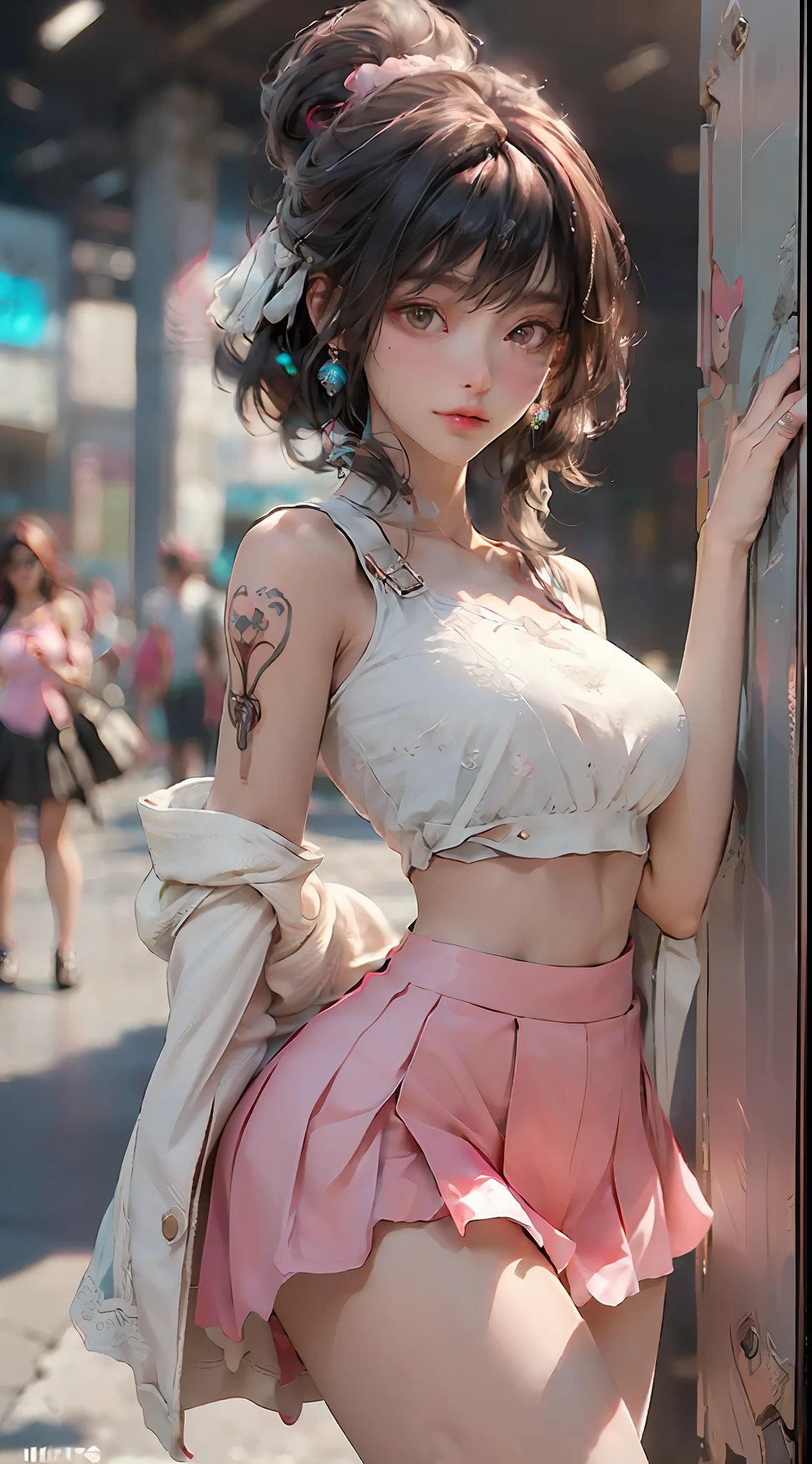 (Best Quality), ((Masterpiece), (Detail: 1.4), 3D, A Beautiful Cyberpunk Woman, HDR (High Dynamic Range), Ray Tracing, NVIDIA RTX, Super-Resolution, Unreal 5, Subsurface Scattering, PBR Textures, Post-Processing, Anisotropic Filtering, Depth of Field, Maximum Sharpness and Clarity, Multi-layer Textures, Albedo and Highlight Maps, Surface Shading, Precise simulation of light-material interactions, perfect proportions, Octane Render, two-color light, large aperture, low ISO, white balance, rule of thirds, 8K RAW, nudity, off-the-shoulder, camisole vest, miniskirt, transparent attire, open waist, miniskirt //, very short, colorful graffiti on shoulders, pleated skirt, jk short skirt long legs, lace trim, tulle textured clothes. Pink cute, tender pink, delicate expression, pink and white clothes. The coat slipped,