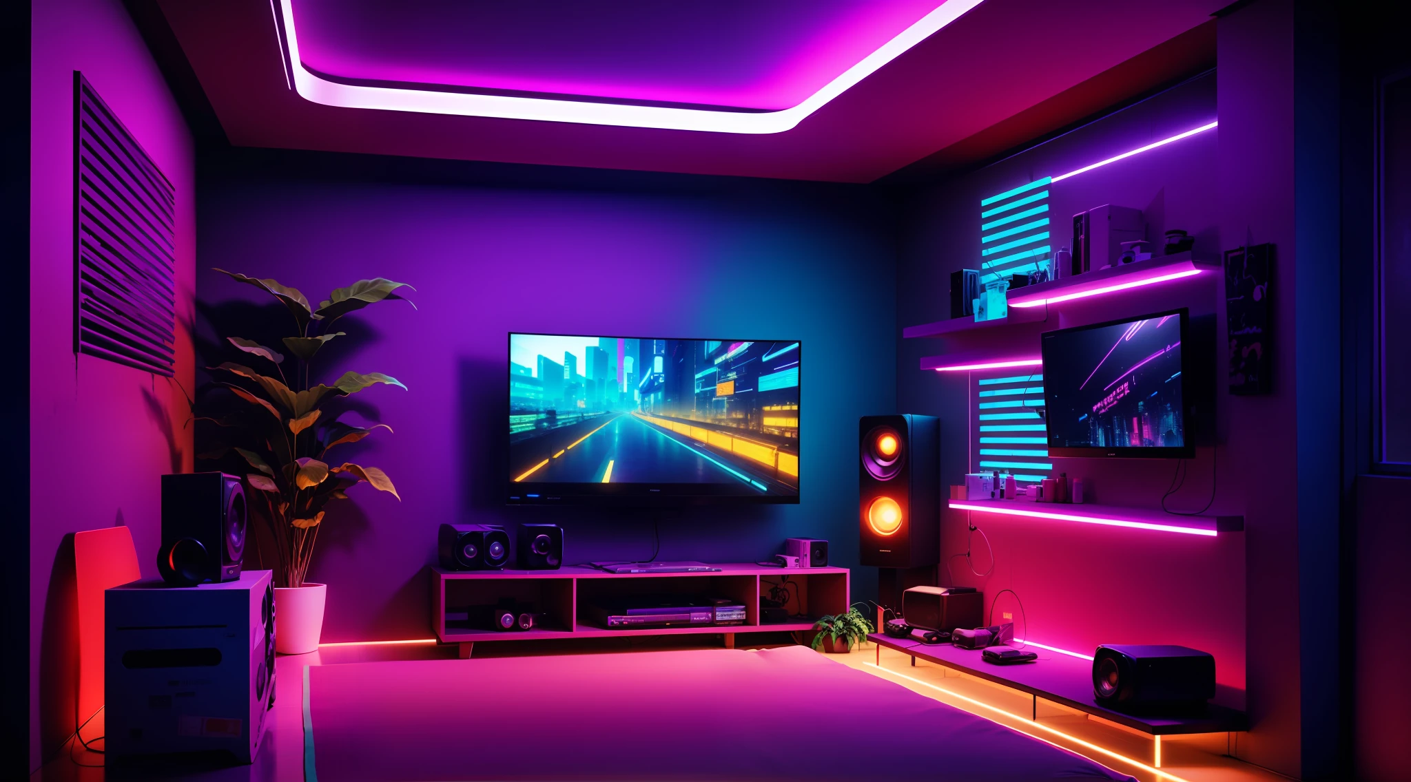 there is a room with a tv and speakers in it, futuristic room, vaporwave lighting style, neon ambient lighting, vibrant color scheme 8k, cyberpunk teenager bedroom, in a cyberpunk themed room, soft calm warm neon atmosphere, ultraviolet and neon colors, neon blacklight color scheme, neon basement, neon ambience, synthwave colors, synthwave colors!!