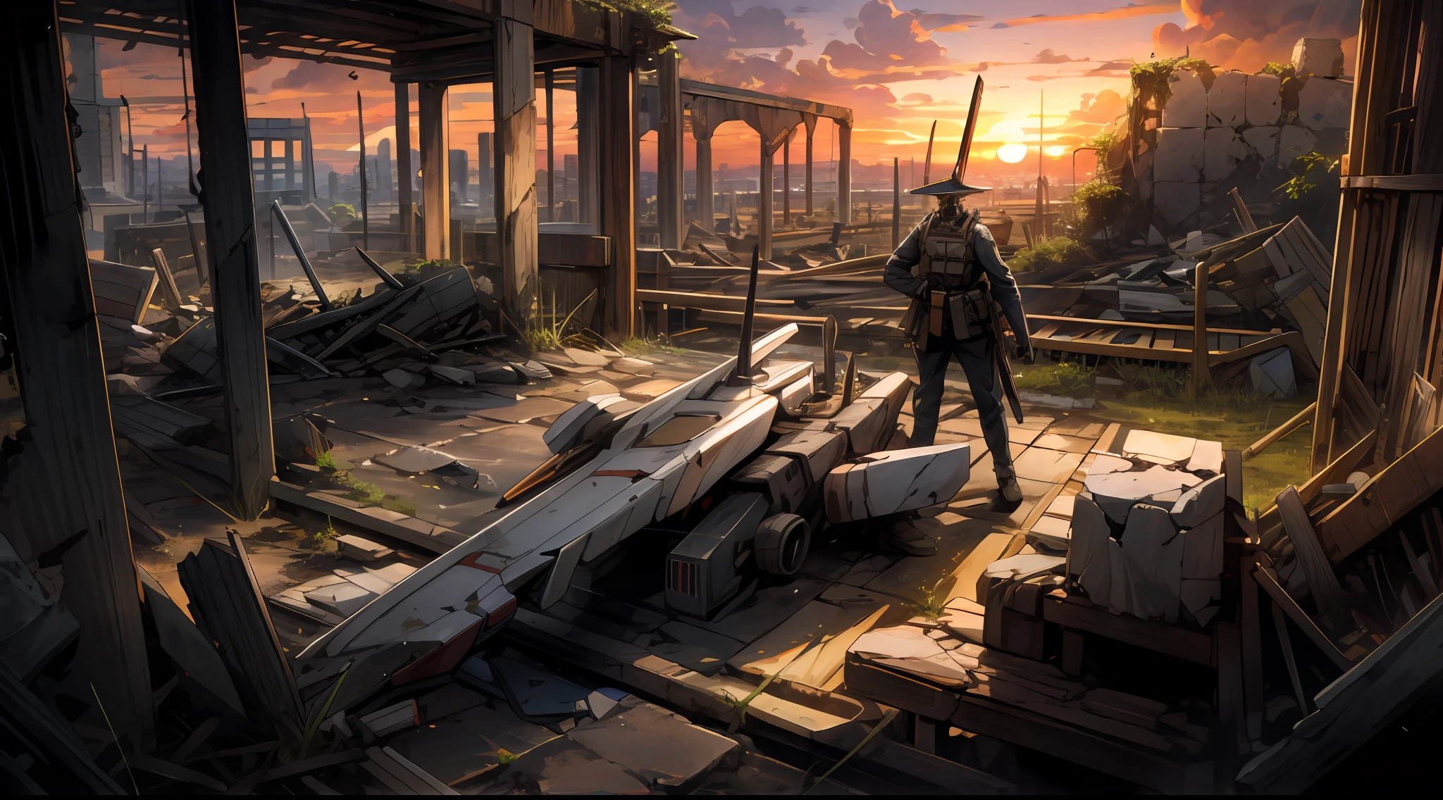 On the ruins after the Great War,Broken robots with weapons,Looking at the sunset