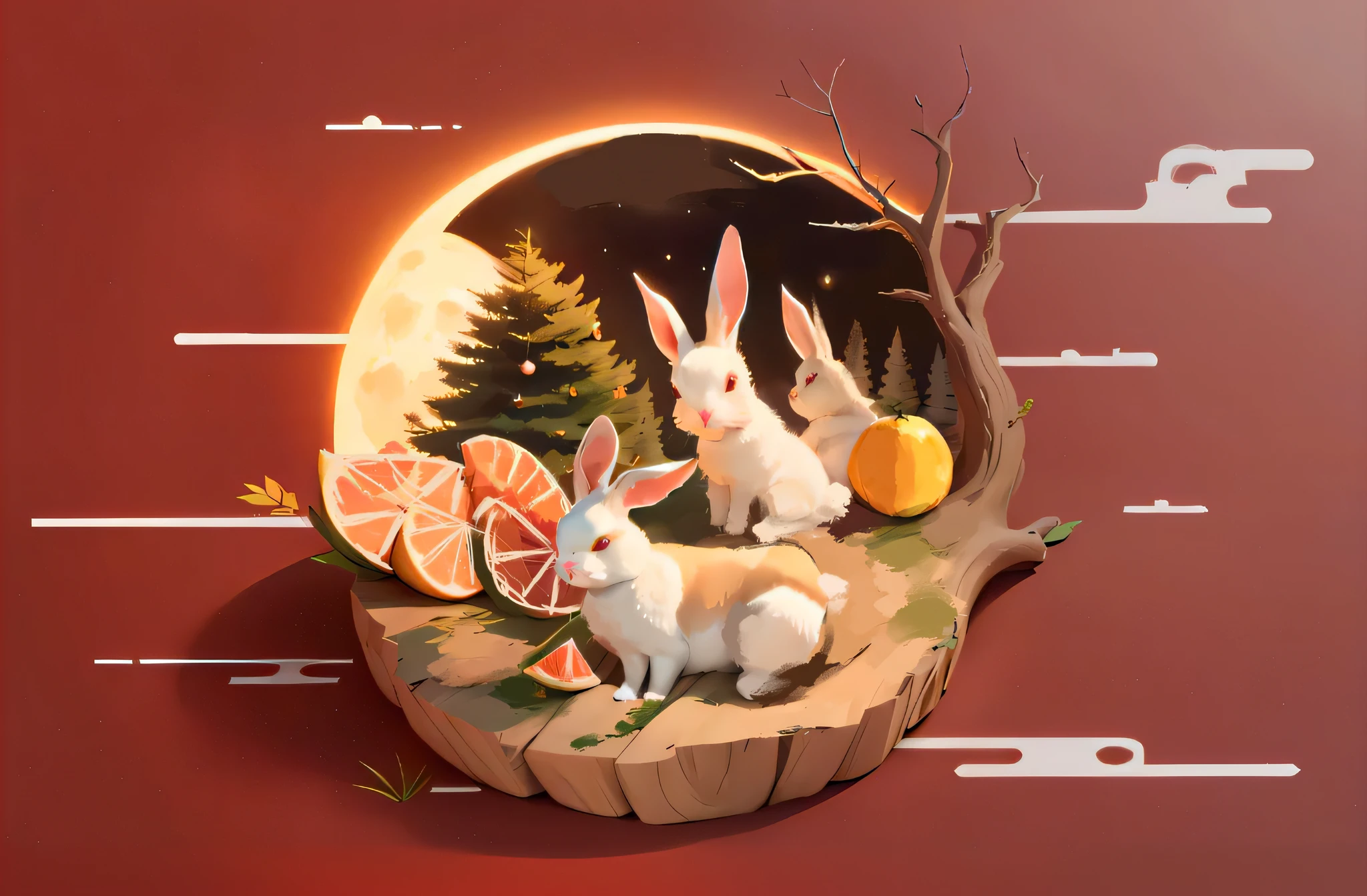 There were two rabbits sitting on a piece of wood，There are large grapefruit on it, a forest with bunnies,  Cute detailed digital art, Stylized digital illustration,  in style of digital illustration, Reasonable composition
