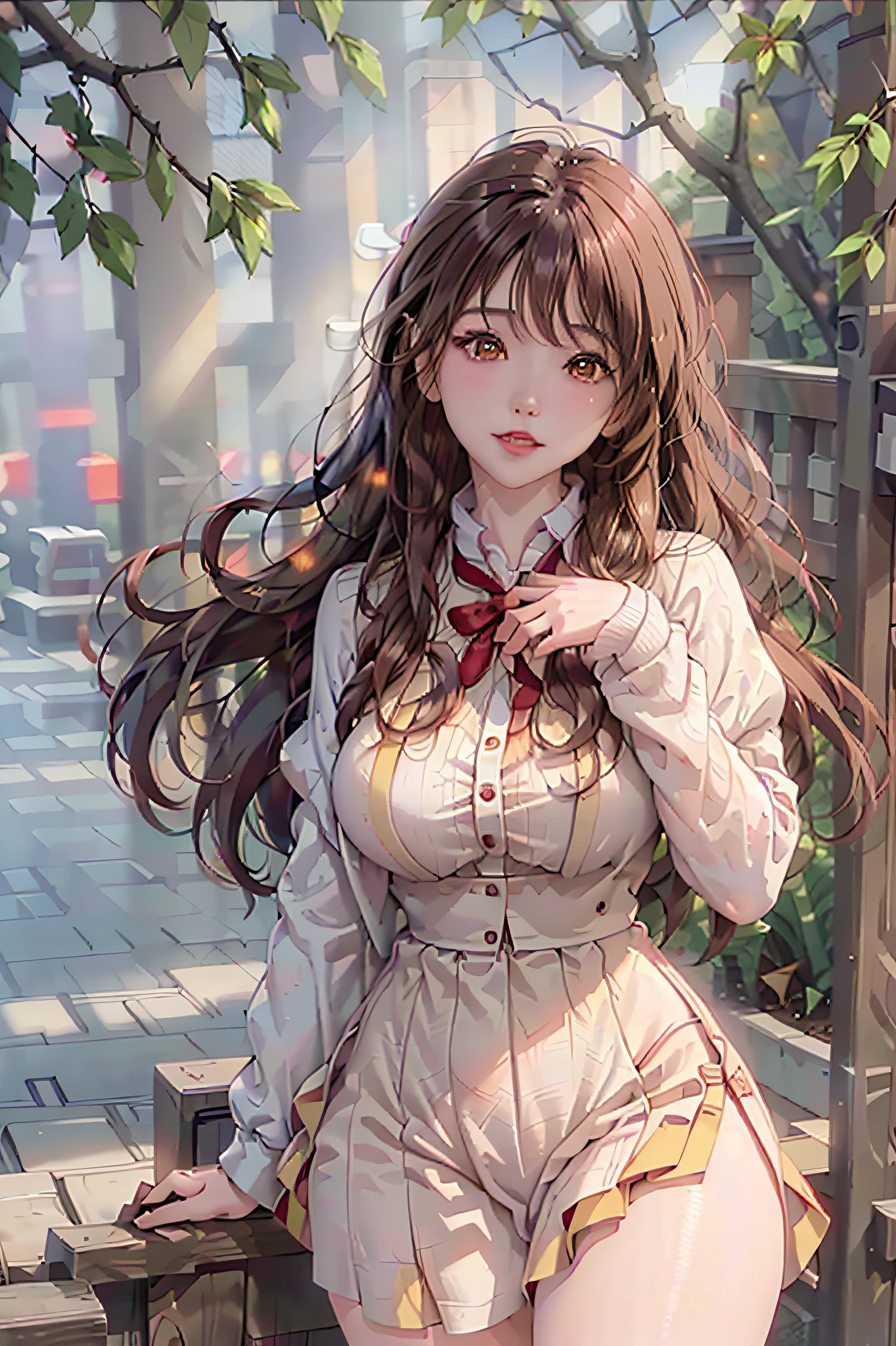 an elegant young woman sitting on a wrought iron bench in the center of a lush garden. The garden should be filled with colorful flowers and greenery, creating a vibrant and serene atmosphere. The woman should have long, flowing brown hair, styled in loose curls that fall gently down her back. She should be wearing a flowing white dress with delicate lace accents, which floats around her as she sits on the bench. In her left hand, the woman should be holding a leather-bound book with gilded pages, as if she were in the middle of reading it. Her right hand should be resting gently on a small, ornate table that is positioned next to the bench. On the table, there should be a vase of freshly cut flowers, with bright red and yellow petals that perfectly complement the surrounding flora. Next to the vase, there should be a small cup of steaming tea, emitting fragrant steam that curls up into the air. The woman should have a serene expression on her face, as if she is completely at peace and enjoying the natural beauty around her. Her eyes should be closed, as if she is savoring the aroma of the flowers and the warm breeze on her skin. The overall image should convey a sense of tranquility and contentment