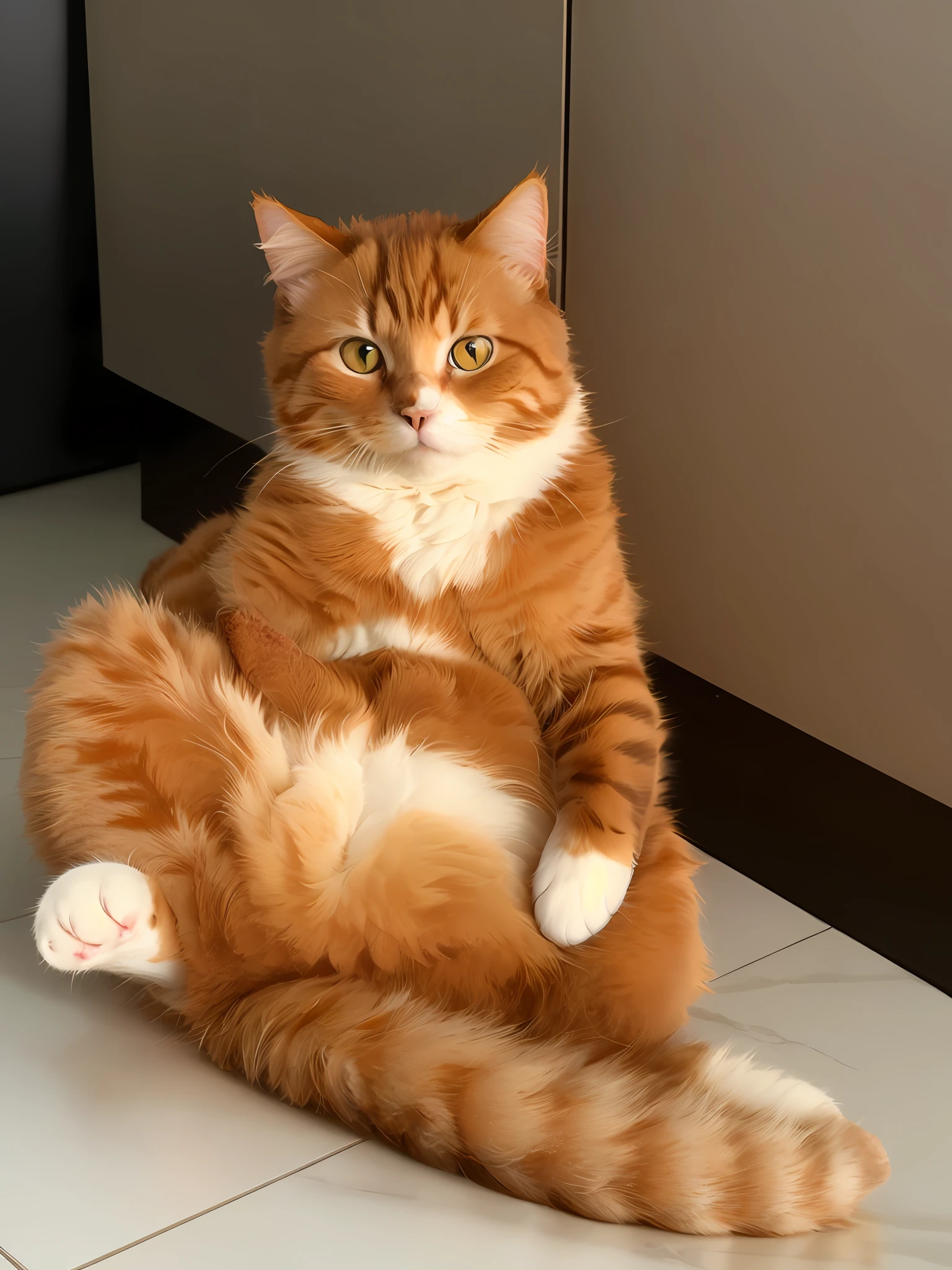 There was a cat sitting on the floor,Paws on the floor, showing his paws to viewer, ginger cat in mid action, ginger cat, doing a hot majestic pose, garfield the cat, doing a majestic pose, An orange cat, the cat is orange, doing a sassy pose, Orange cat, sitting down on the floor, orange fluffy belly, awesome cat