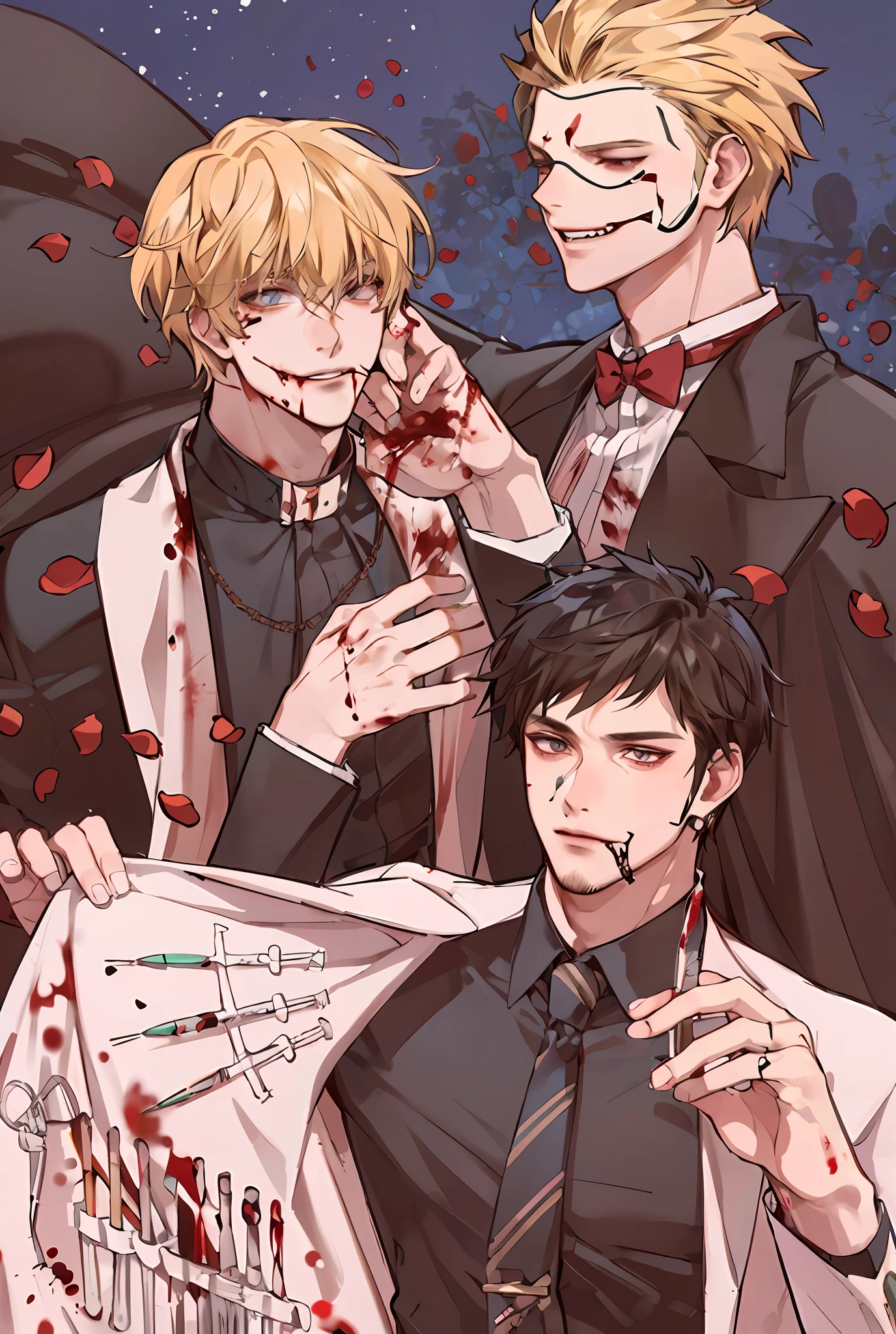 Blood splattered on the shirt，Anime characters with blood splattered on their bodies,anime vampires,Blonde hair，male people，Bad laughs😏