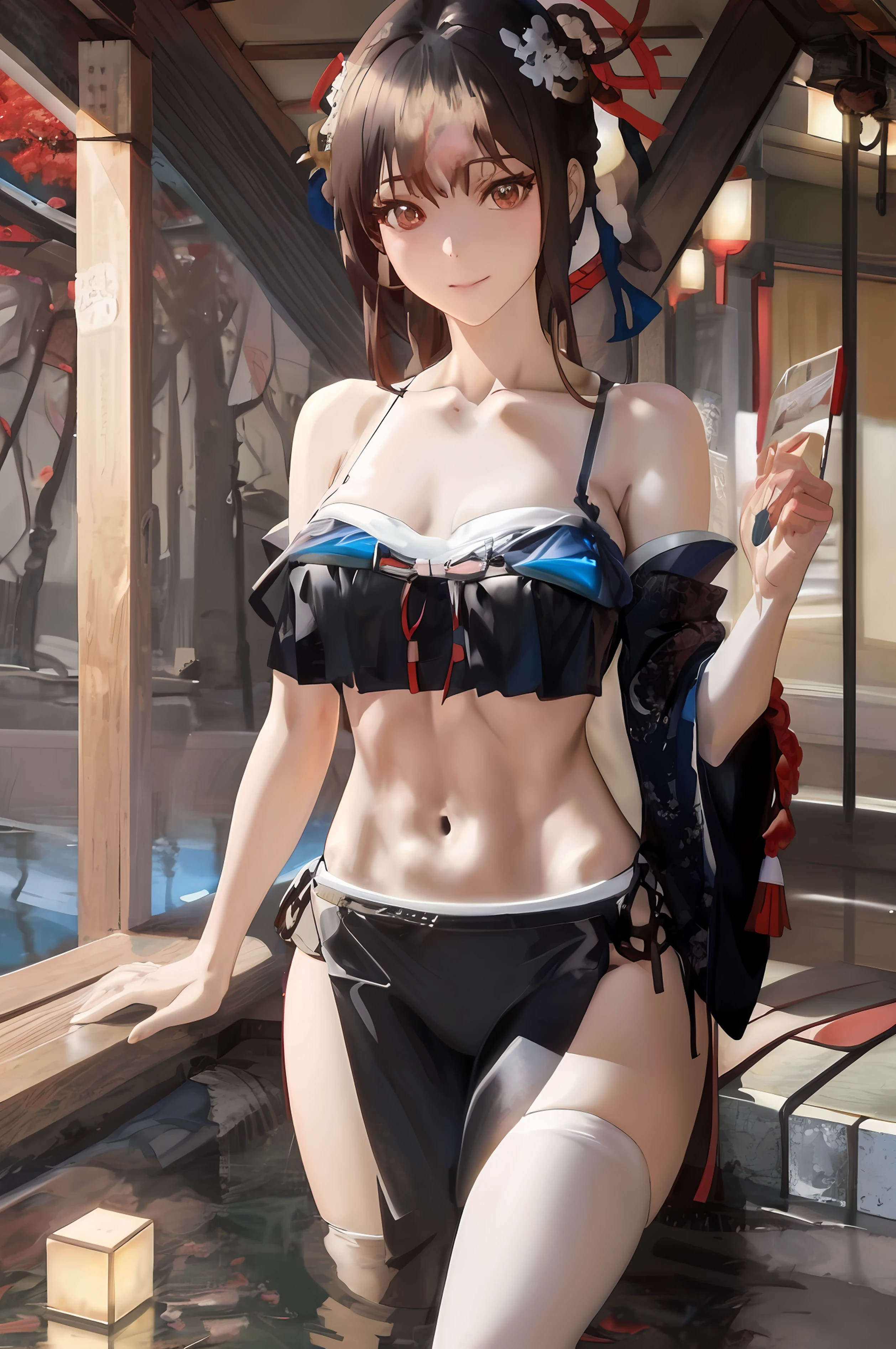 There is a woman in a black bikini posing in a hot tub, seductive anime girls, beautiful and seductive anime woman, realistic bikini, photorealistic anime girl rendering, trending on cgstation, IG model | Art germ, attractive anime girls, Guviz-style artwork, photorealistic perfect body, Japanese goddess, by Yang J, Guviz