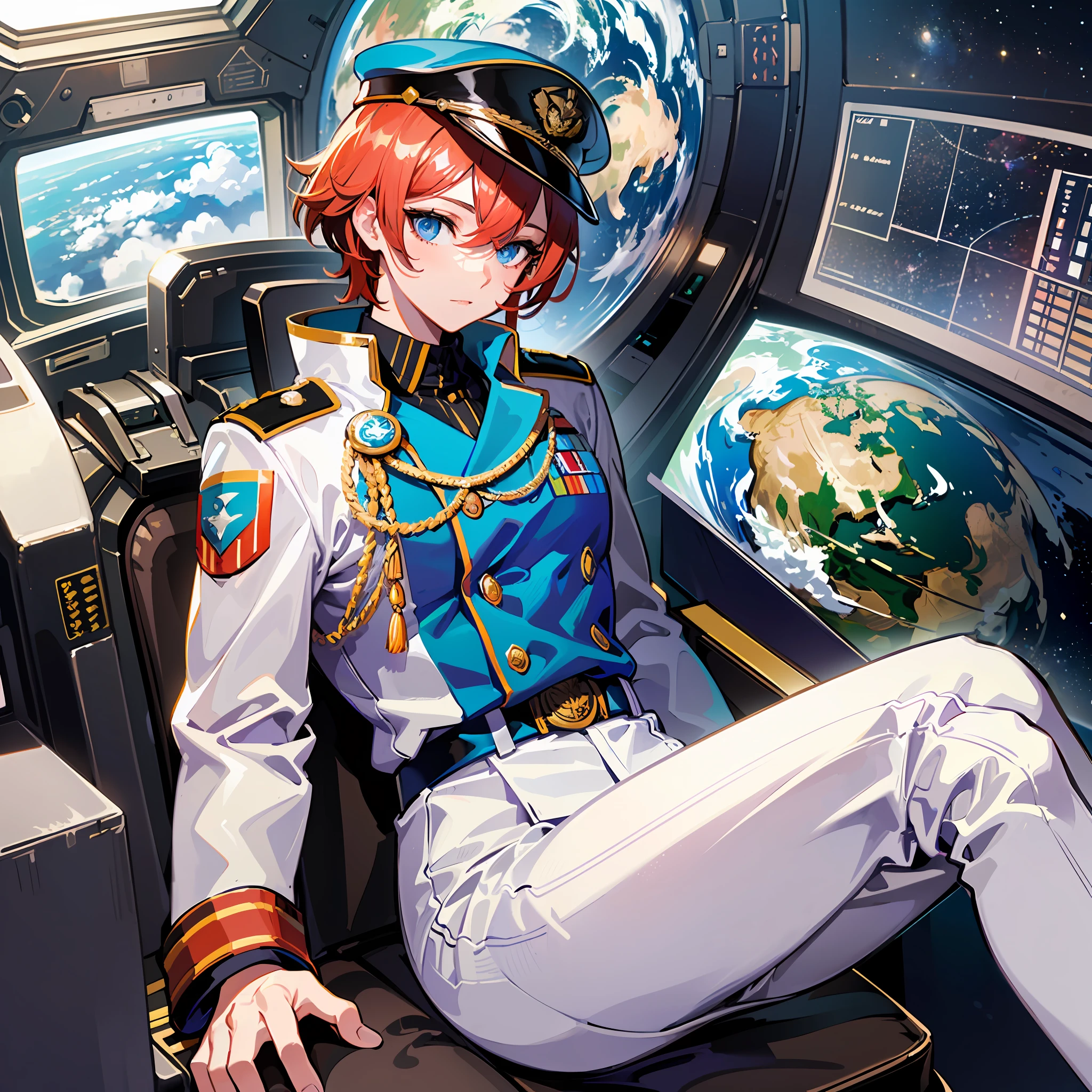 ((Masterpiece)), ((Highest Image Quality)), ((Best Quality)), (Illustration of One Girl), Full Body, 25 Years Old, Short Red Hair, (Thin Hair on Both Sides of Face), Blue Eyes, (((Tall)), ((Muscular Strong Body)), ((Manspreading)), Open Legs, (((Military Uniform)), (Military Hat)), (Military Coat)), (White Clothes), (White Pants), (White Hat), Trench Coat, ((Inside the spaceship, sitting in the captain's seat)), (outside the window, space, Earth seen from space, spaceport)
