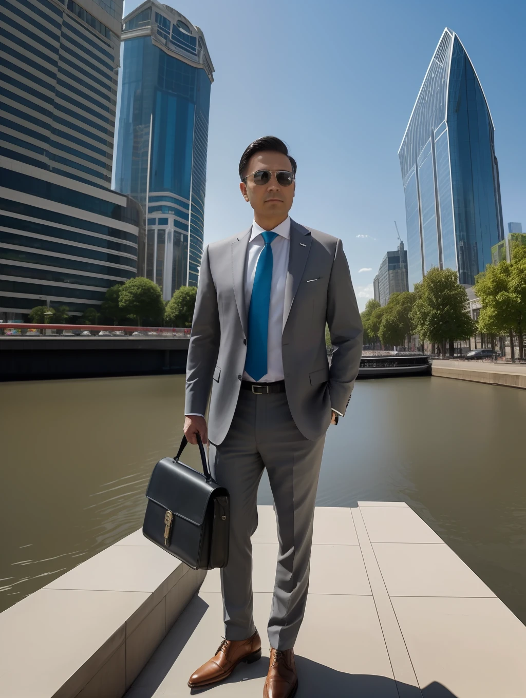 On the waterfront of the city, A man in a dark gray classic suit, with white shirt and tie, stands in full growth, Looking directly at the camera. He has a black leather briefcase in his hands, which keeps at waist level. It stands on the concrete slabs of the embankment, which reflect the light of the sun in fine glare. Tall skyscraper buildings are visible in the background, that create a sense of modern cityscape. The photo was taken in high resolution, which allows you to clearly trace the details of the costume and the environment.