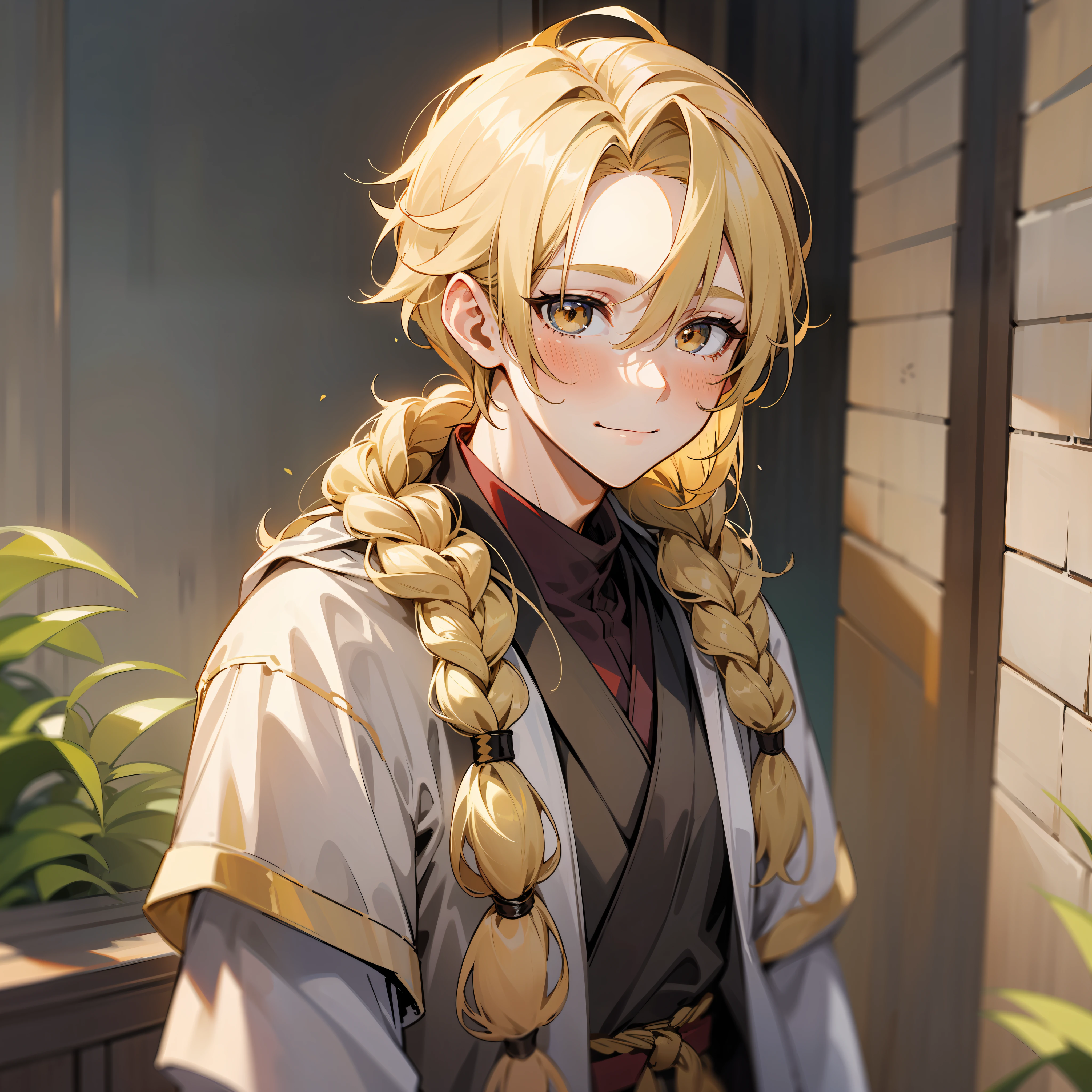 blond hairbl,Golden pupils,Boys,male people,middle parted hairstyle,The hair ends in small braids at the back of the head,Handsome,Beautiful,Side face smile,There is a hint of blush,Dressed in a gray mage robe