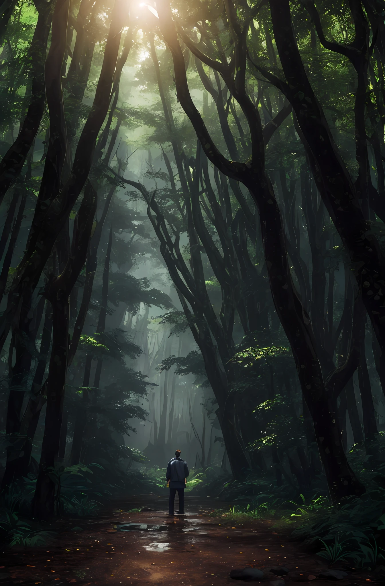 Back view of a 20 years old boy wearing torn clothes is touching the snout or trunk of a giant elephant 🐘 standing in front of him. A beautiful masterpiece. Sunlight in the forest. Greenery in the forest. The boy is standing on the stone. Mysterious forest Ultra 4k Hd view . A jungle, with intense rainfall, monochromatic, vines all around, giant and wet trees, masterpiece, best quality, high quality, extremely detailed CG unity 8k wallpaper, oil paiting, award winning photography, Bokeh, Depth of Field, HDR, bloom, Chromatic Aberration ,Photorealistic,extremely detailed, trending on artstation, trending on CGsociety, Intricate, High Detail, dramatic, art by midjourney, volumetric lighting --auto