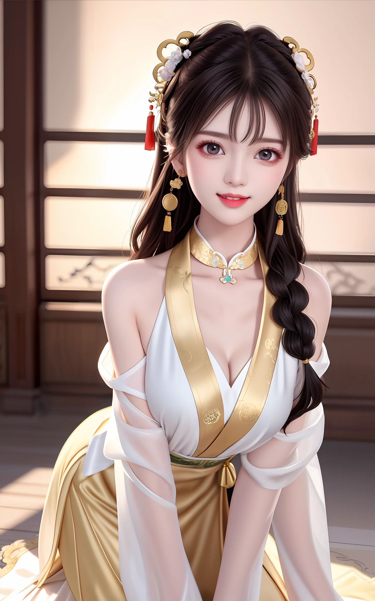Need,tmasterpiece,A high resolution,1girll,Blushlush,(Seductive smile:0.8),starpupil,Chinese leaky shoulder black Hanfu,hair adornments,choker necklace,jewelry,beautfully face,On_Body,Tindal effect,realisticlying,Shadow room,Light edges,Two-tone lighting,(highdetailskin:1.2),8K, Ultra HD,Slr,softlighting,high high quality,Volumetriclighting,Candid camera,photore,A high resolution,4K,8K,Background bokeh(Seductive smile:0.8),starpupil,Chinese shoulder suction red Hanfu,hair adornments,choker necklace,trinkets,beautfully face,On_Body,Tindal effect,true to life,Shadow room,Light edges,Two-tone lighting,(highdetailskin:1.2),8K, Ultra HD,Slr,softlighting,high high quality,Volumetriclighting,Candid camera,photore,A high resolution,4K,8K,Antique bust photo in the background: A girl about 22 years old,Perfectcomposition,Precise and perfect human anatomy,Golden ratio creation,Surreal and realistic。Detailed skin details,White skin of the,shiny skin,Creamy glowing skin,Skin that is white and red。Exquisite depiction of facial features,Perfect makeup,Detailed depiction of the face,Clean and flawless face。A sweet smile,Smile without showing your teeth。Extremely detailed depiction of hair,Long black hair,Hair coiled,tying hair,High bun,The wind blew away the hair。Eyebrows upturned,long eyelasher,二重まぶた。Affectionate eyes,Big bright eyes,Sweet with lying silkworms。High nose bridge。Thin lips,Pink lip gloss,Straight teeth。Delicate collarbones。Delicate pendant,耳Nipple Ring。Perfect tall figure,Get it all together,Long legs and thin waist,Skinny beauty,Can't be too thin。Straight chest,medium boob。Keep your head up and your chest up,Look ahead,Face the lens,Stand。Ancient architectural background(((Chinese style new Chinese black dress,Gold lace))),Bust photo of a werewolf beautiful girl,exquisite facial features,s the perfect face,Glowing skin,high detal,Higher quality,gentleness,(Big eyes),Red pupils,long eyelasher,A teasing smile,Beautifully braided long hair,Sleeveless off-the-shoulder