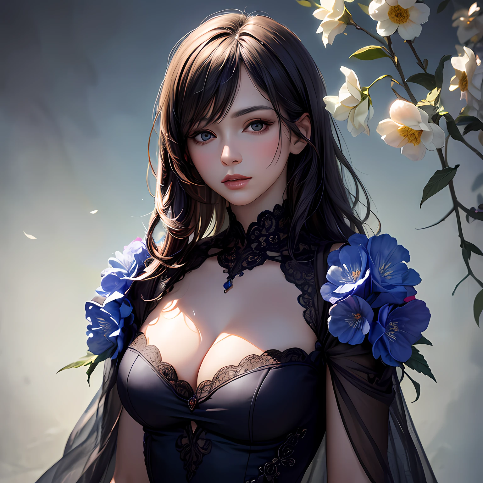 (masterpiece, best quality), photorealistic illustration, mature woman, flower dress, colorful, darl background,flower armor, blue theme,