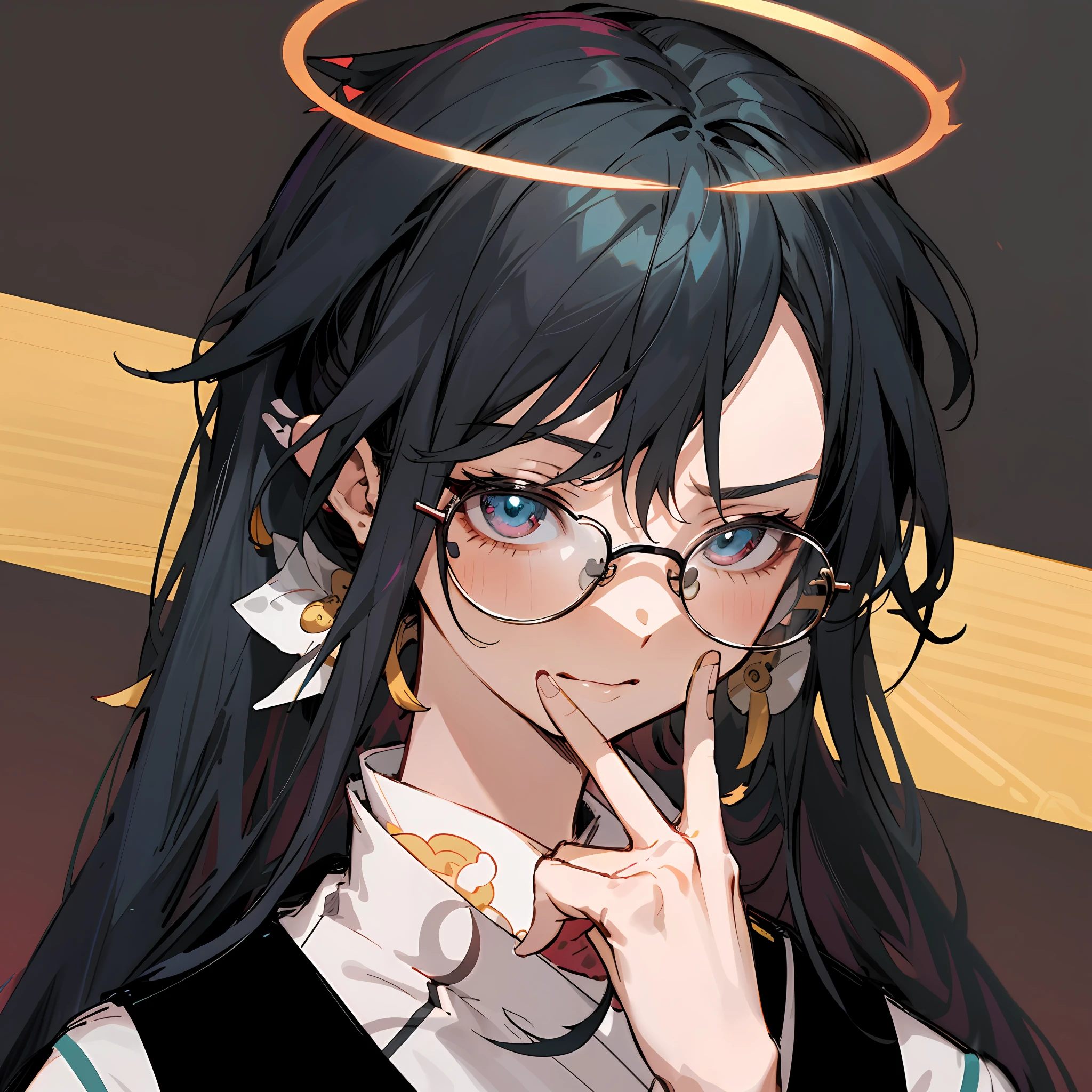 Anime girl with angel halo and glasses, Anime moe art style, in an anime style, 2 d anime style, In anime style, with index finger, demon slayer rui fanart, Handsome Japanese demon girl, inspirado em Okumura Masanobu, Handsome girl in Demon Slayer art, Anime art style, style of anime
