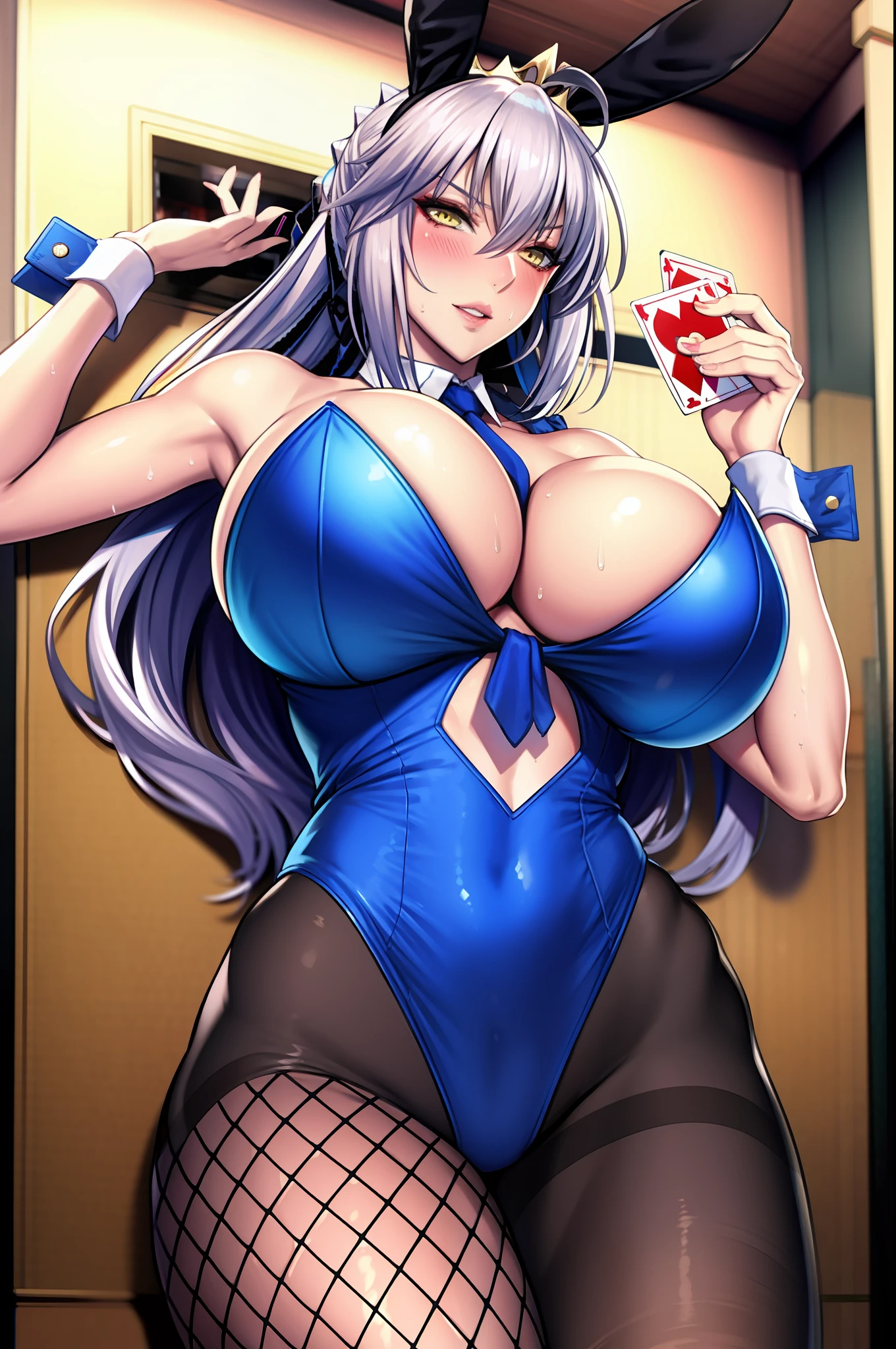 1girl, animal ears, areola slip, artoria pendragon \(fate\), artoria pendragon \(lancer alter\) \(fate\), artoria pendragon \(swimsuit ruler\) \(fate\), ass visible through thighs, bangs, bare shoulders, blue leotard, blush, card, cleavage, clothing cutout, cosplay, detached sleeves, fake animal ears, feather boa, fishnet pantyhose, fishnets, hair between eyes, highleg, highleg leotard, large breasts, leotard, long hair, looking at viewer, lying, navel, necktie, on back, pantyhose, parted lips, playboy bunny, playing card, rabbit ears, sidelocks, solo, sweat, thighs, sadakage, underboob, white hair, wrist cuffs, yellow eyes