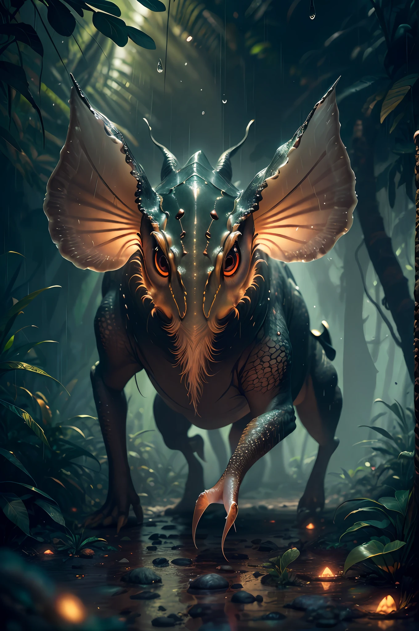 Big creature like with six legs, creature with transparent and lighting body, walking on all six legs, ((cuttlefish head)), ((four eyes)), six leghs, in the jungle, jungle, rain forest, high image quality, realistic look, high-resolution photography, 8K, full-frame matrix, deep shadows, ((one character)), (intricate details, subsurface scattering, hyperdetailed:1.15), (hyperrealism, volumetric lighting, sharp:1.5) Fujifilm XT3