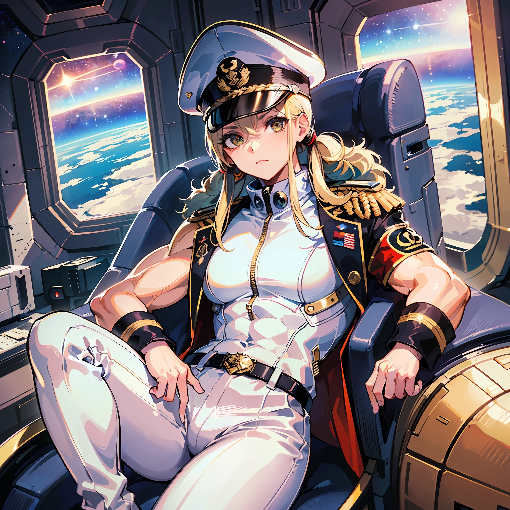 ((Masterpiece)), ((Highest Image Quality)), (((Best Quality)), (Illustration of One Girl), Full Body, 25 Years Old, (Neutral)), ((Blonde Twin Tails)), Light Golden Eyes, (Tall)), (Muscular Strong Body)), ((Muscular and Thick Body)), ((Muscular and Thick Arms)), ((Muscular and Thick Legs)), (Manspreading)), Open Legs, (((Army Uniform)), (Army Hat)), (((Army Coat)), (white clothes), (white pants), (white hat), trench coat, ((inside the spaceship, sitting in the captain's seat)), (outside the window, space, Earth seen from space, spaceport)