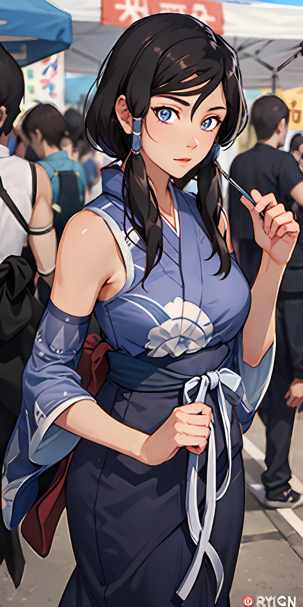 Korra, (yukata without sleeves), in a summer festival, masterpiece, hyperdetailed, ((1girl)) detailed background
