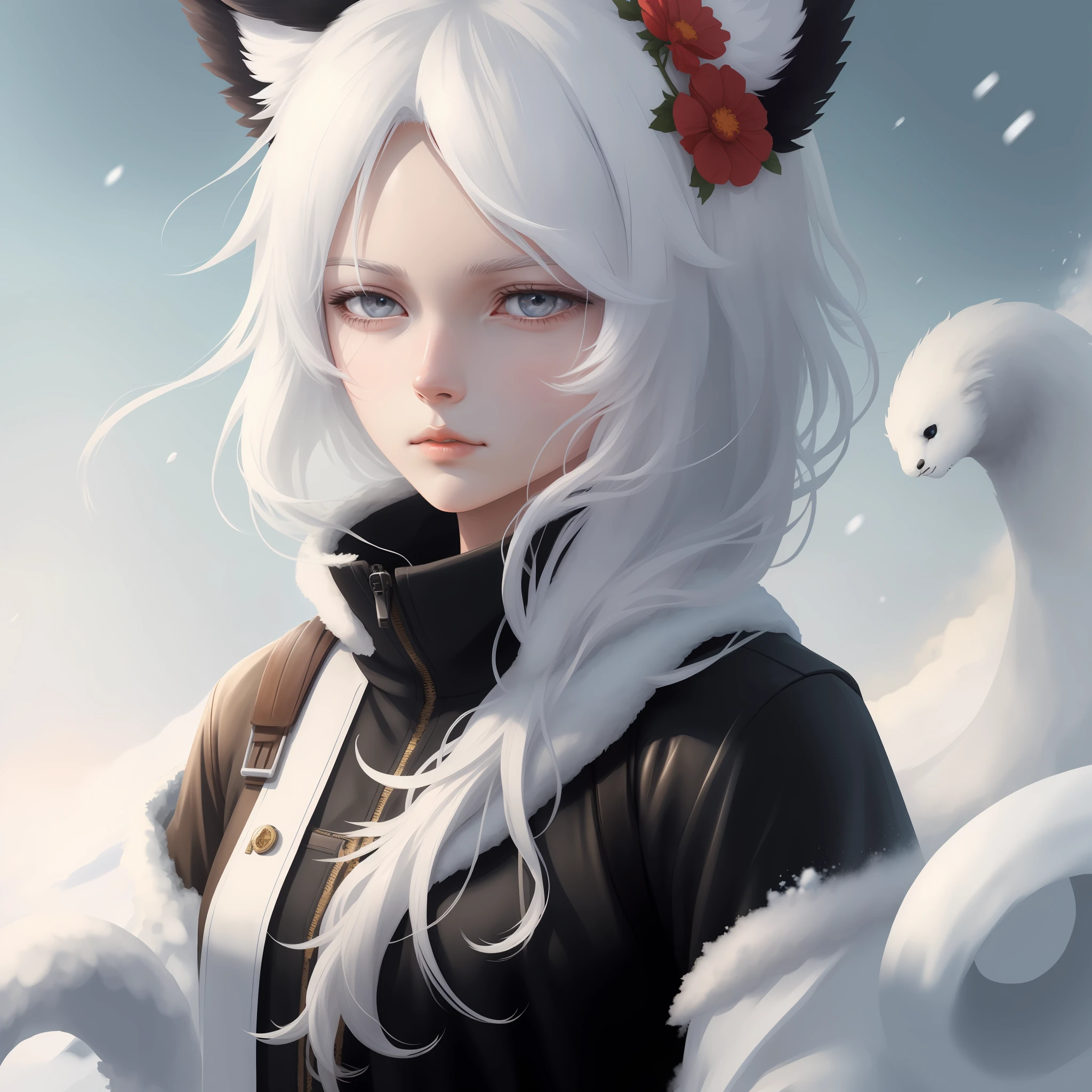 white hair, covered eyes, forehead mark, lonely, floating hair, flower on head, animal ears, unconscious, parted lips, snowy day, high detail, high detail, high detail, anime, super detail