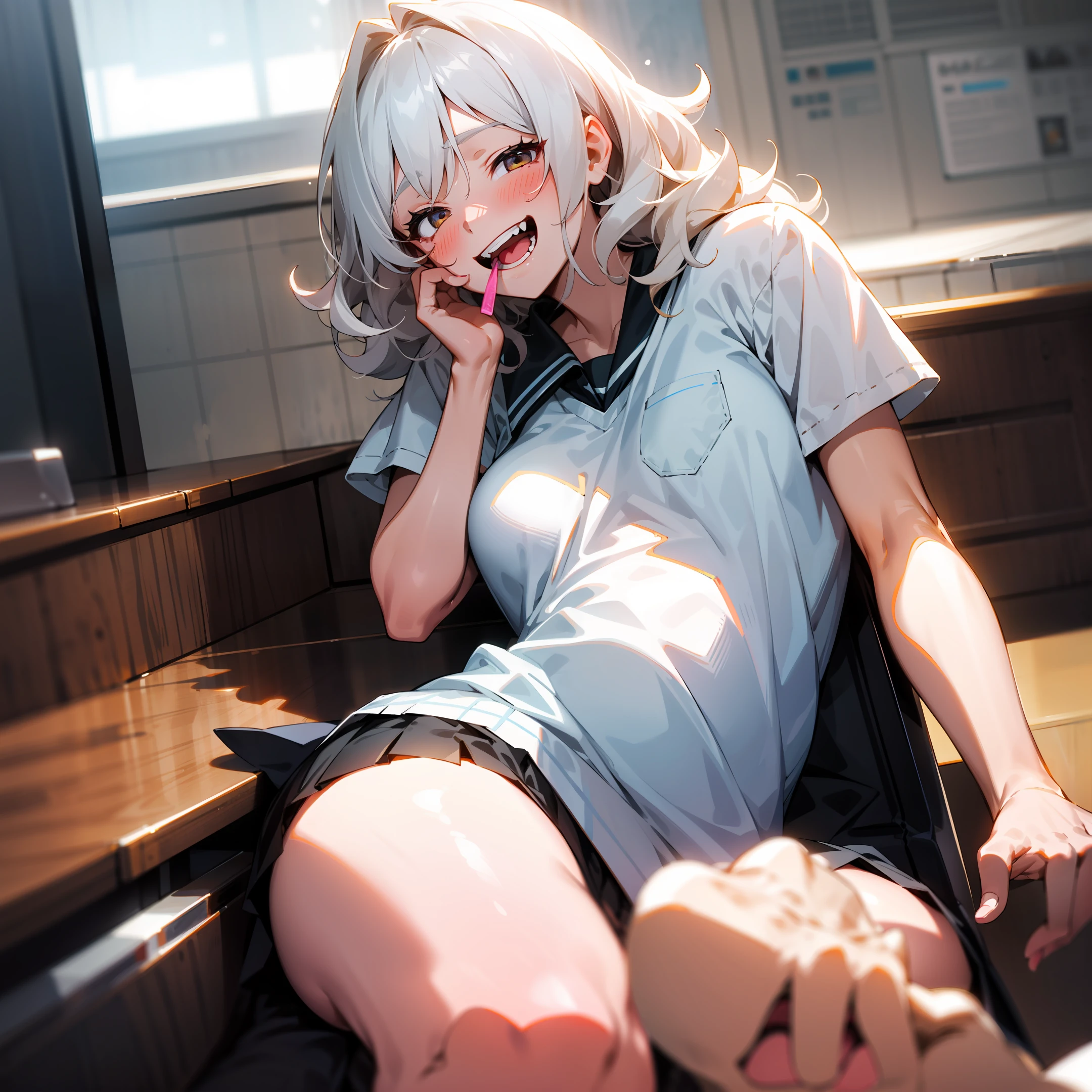 Ultra-real female high school student ，Slightly curly hair，Slightly fat，white skinned，Blush lying on the table with sugar in her mouth，Laughing through gritted teeth