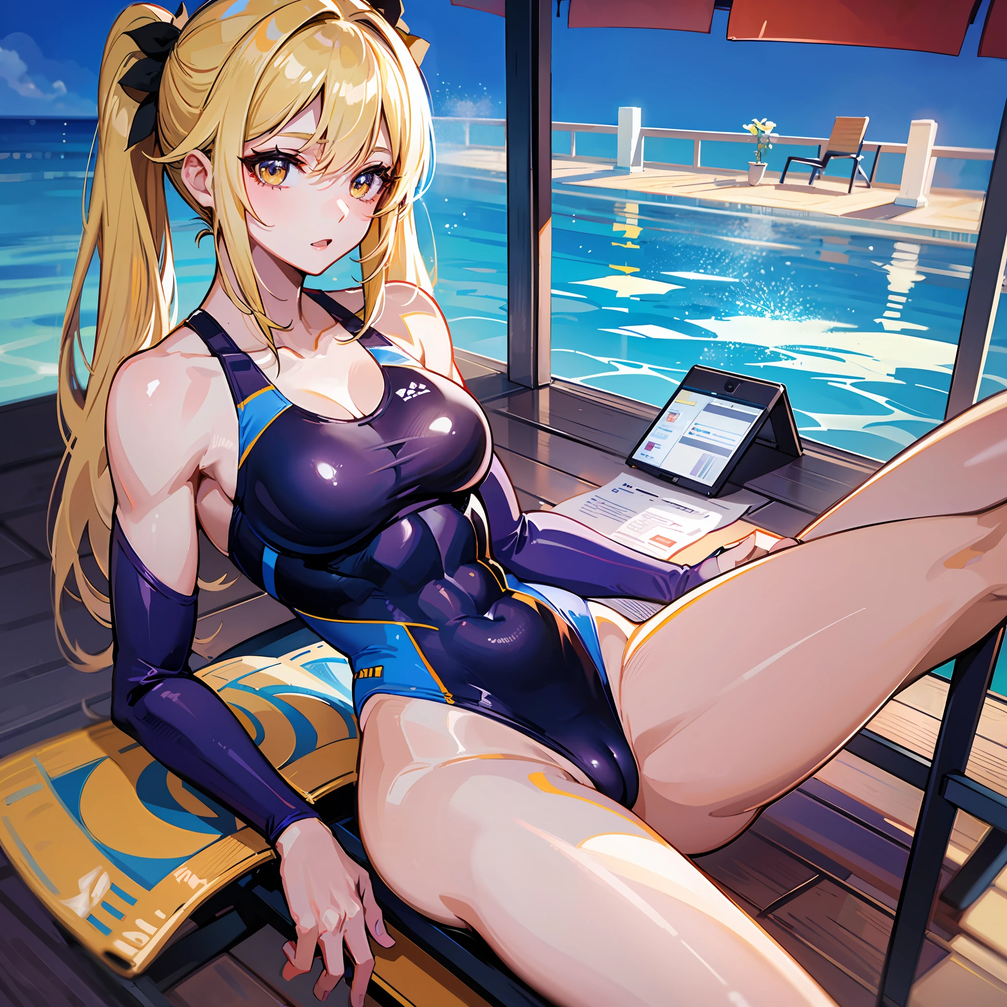 ((masterpiece))、((Top image quality))、((Top image quality))、(Illustration of one woman)、full body Esbian、((30-years old))、((neuter))、((Blonde twintails))、Light golden eyes、((Long body))、(((Muscular and strong body)))、(((Muscular and strong body)))、((Split abs))、((muscular and thick arms))、((muscular and thick legs))、((manspreading))、Opening legs、((Competitive swimsuit))、Sitting on a deck chair、in poolside
