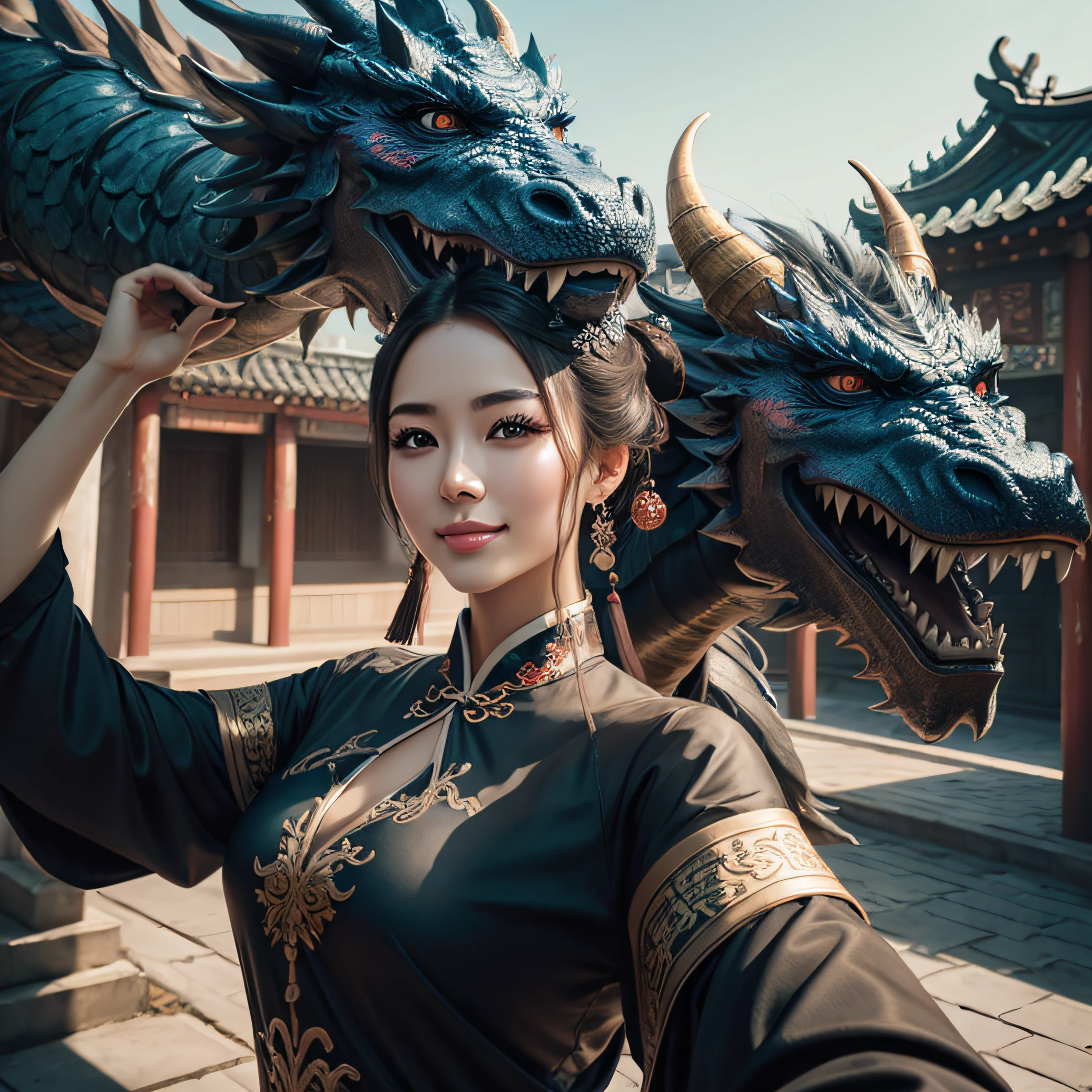 1 woman((Upper body selfie,cheerfulness))Black clothes,cabelos preto e longos。Chinese dragon mount --auto