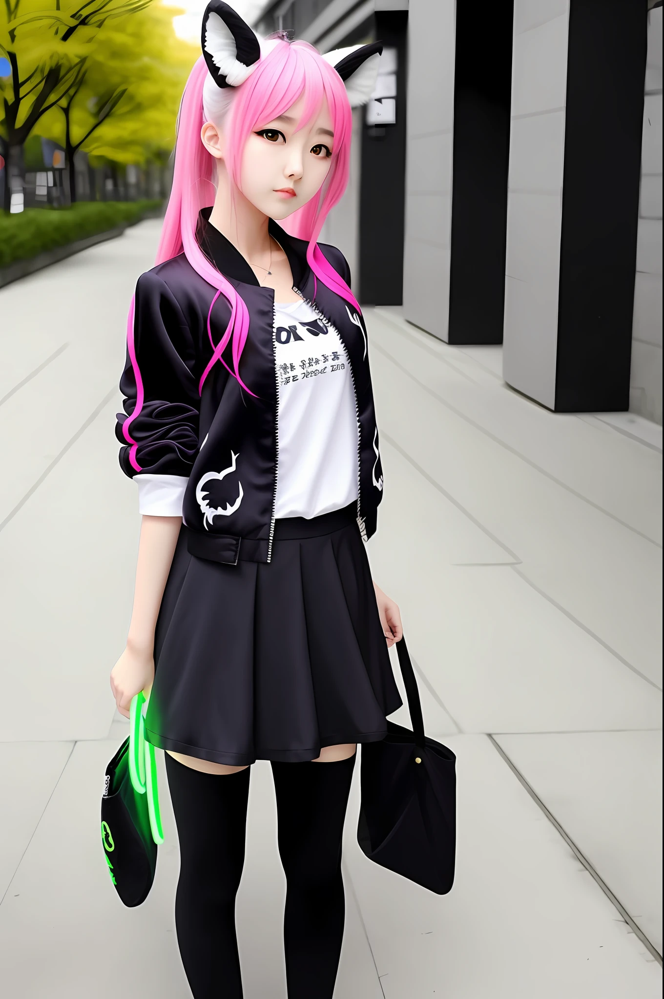 Dragon Girl, Fox Tail, Black Silk, White Silk, Loli, Neon Jacket, Sakura
