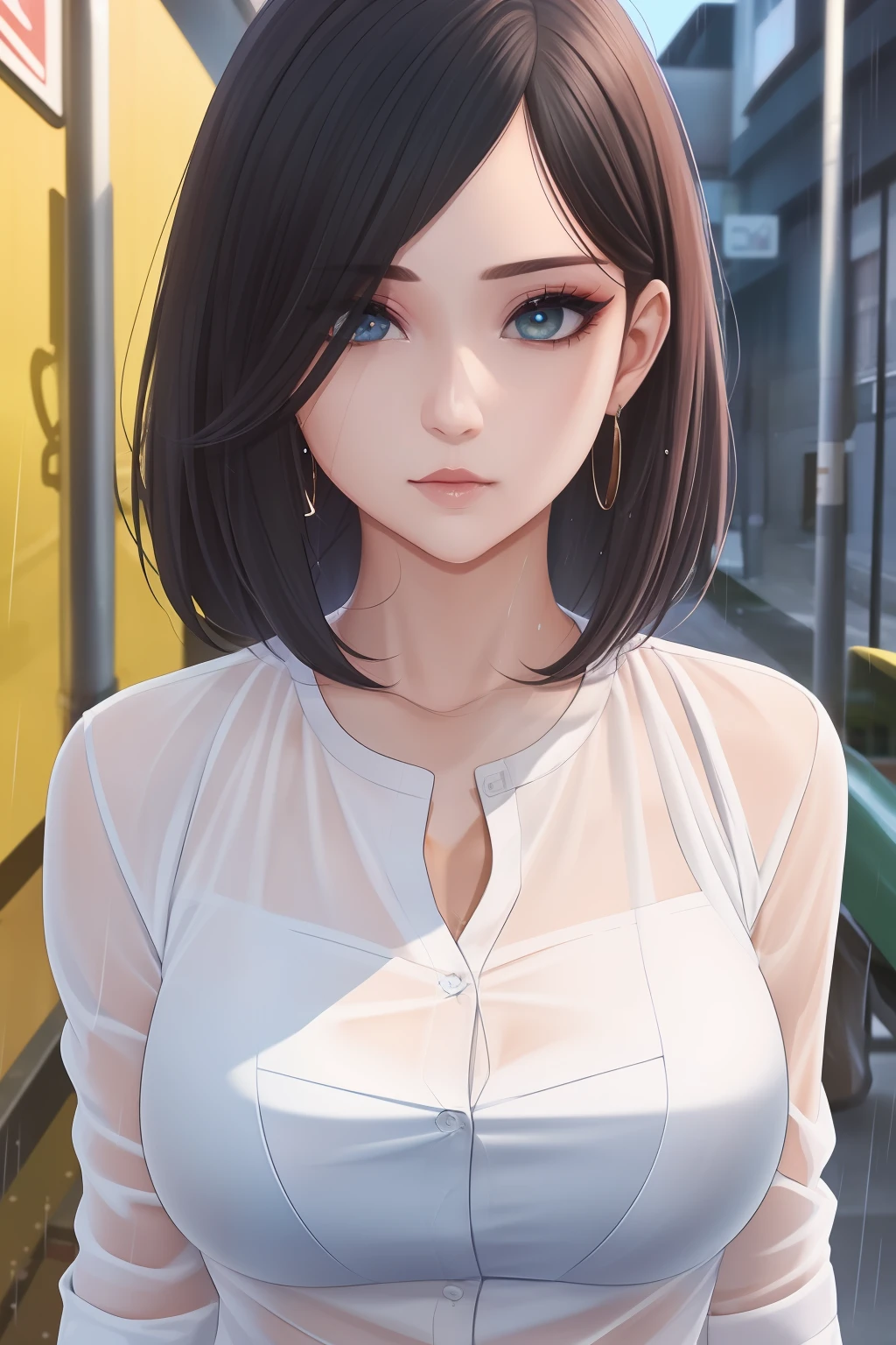 ((Best Quality, 8K, Masterpiece: 1.3)), Sharp: 1.2, Perfect Body Beauty: 1.4, Slim Abs: 1.2, ((Layered Hairstyle, Big Breasts: 1.2)), (Wet White Button Long Shirt: 1.1), (Rain, Street: 1.2), Wet: 1.5, Highly detailed face and skin texture, detailed eyes, double eyelids, side face looking at the camera