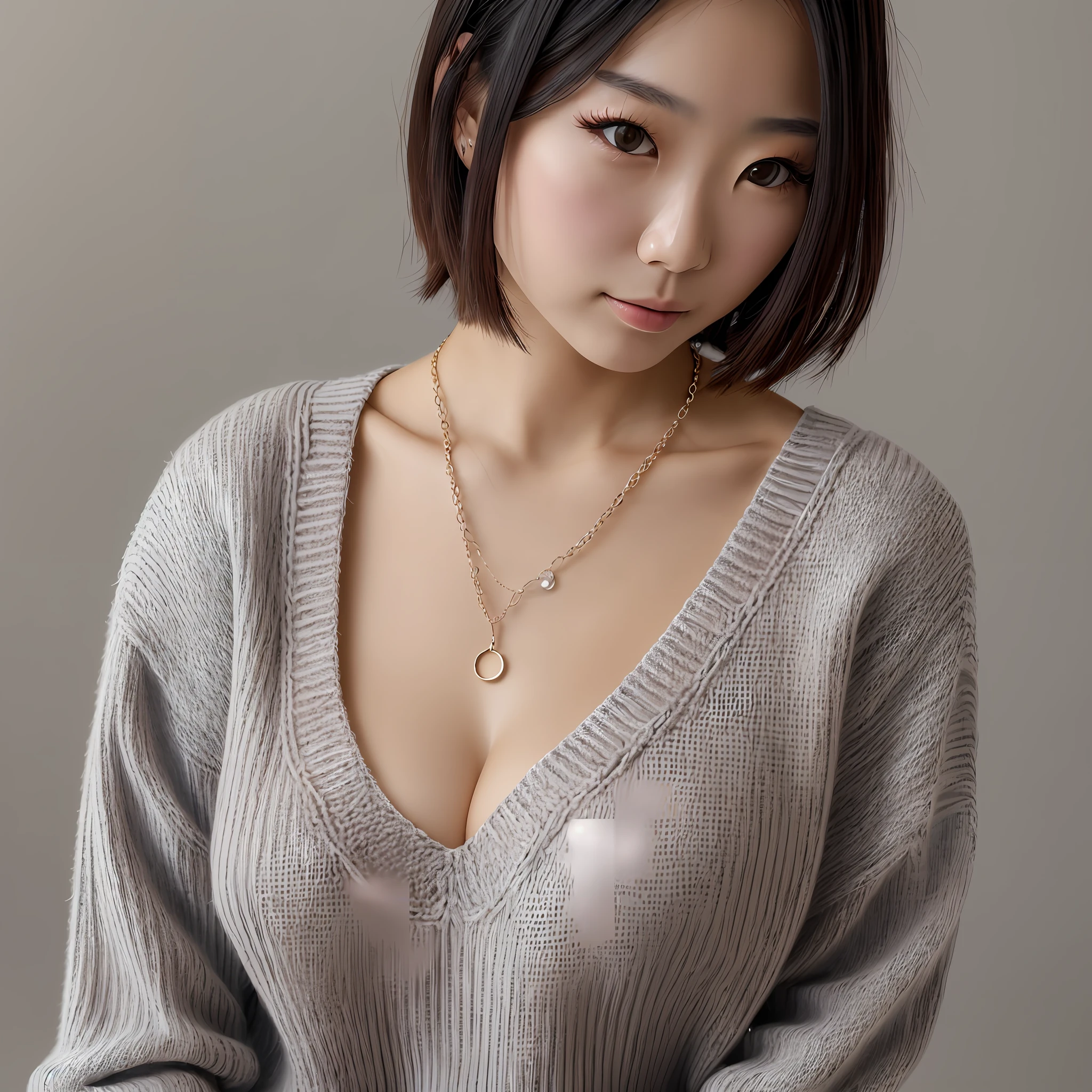 (Best quality, 8k, 32k, Masterpiece, UHD:1.2),Photo of Pretty Japanese woman, large breasts, very short bob hair,upper body,face focus,oversized_sweater, necklace, simple background, from above, looking at viewer, --auto