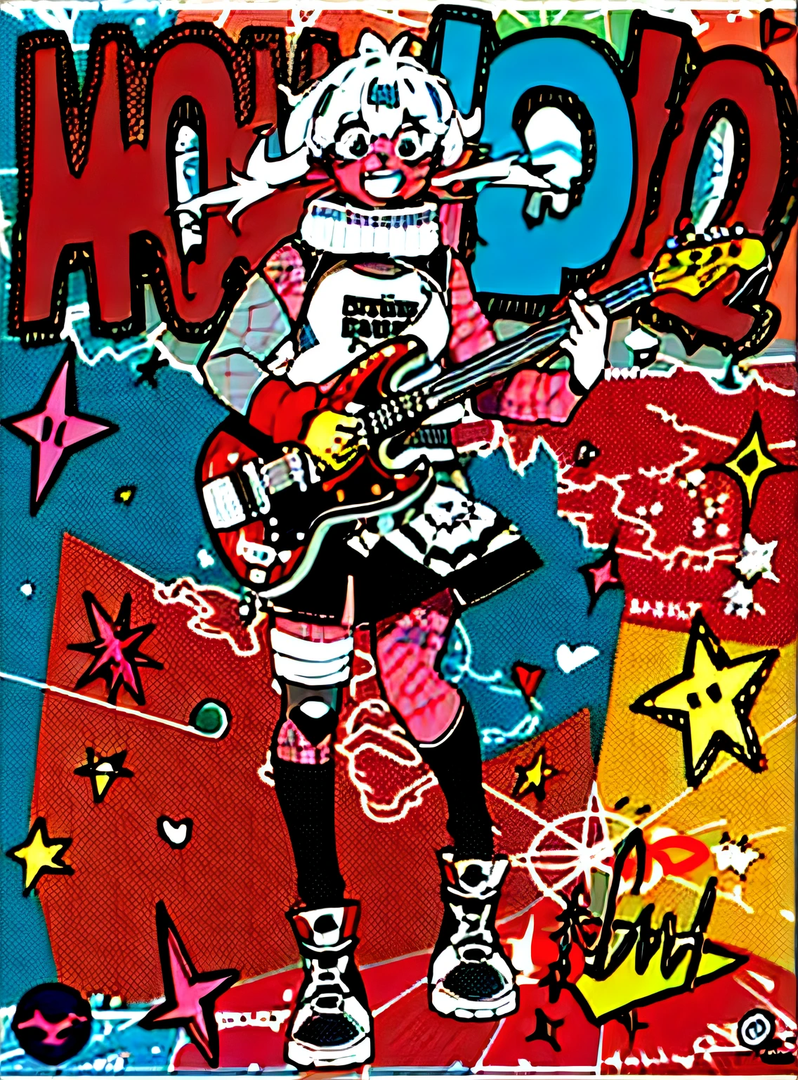 Girl with guitar,quadratic element， Void punk,  atom punck, Punk rock poster, Punk girl,  pop punk art style, In heavy metal comic book style, Chaos Punk，Best quality，tmasterpiece，Rich colors