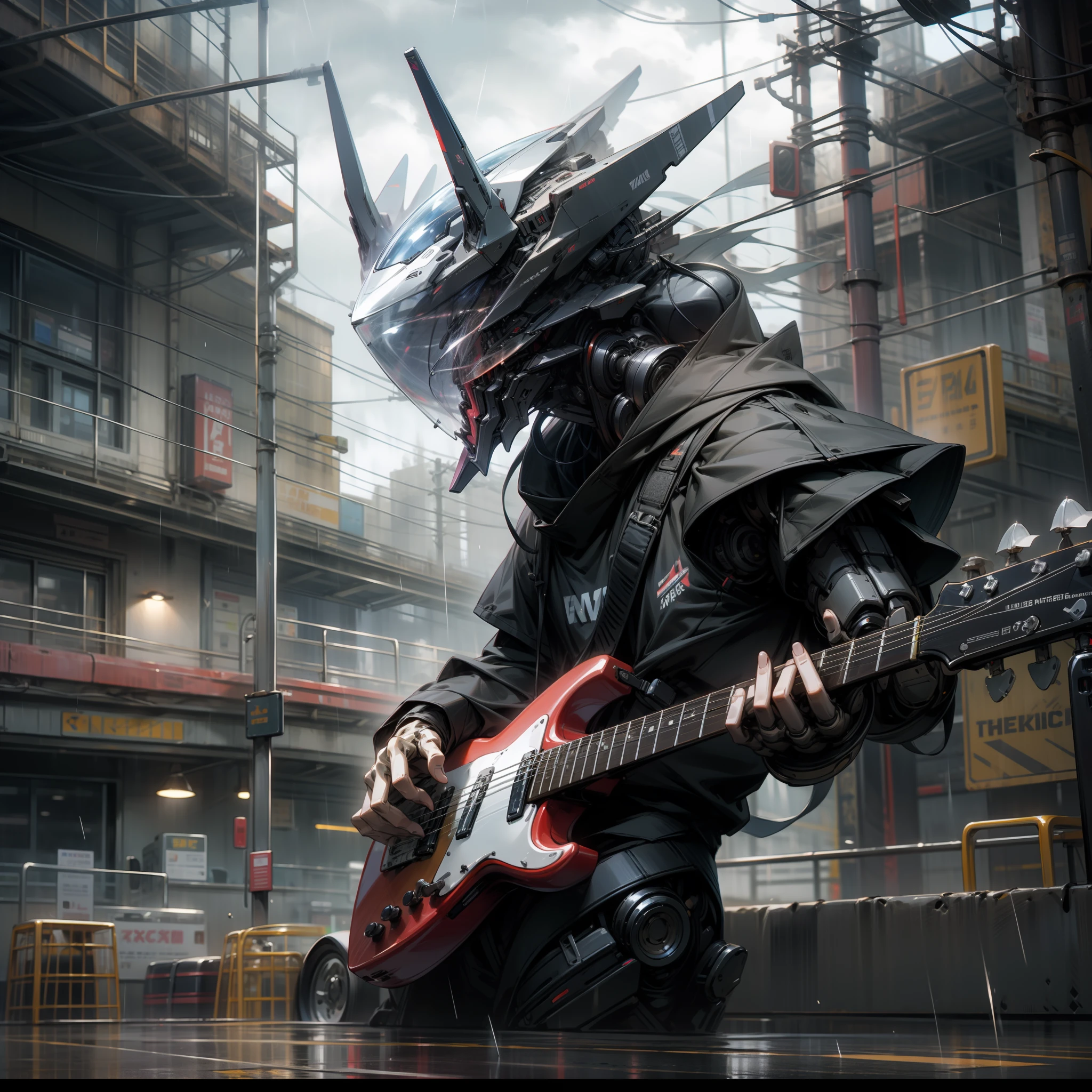 rainy sky,A robot plays a guitar at an intersection --auto