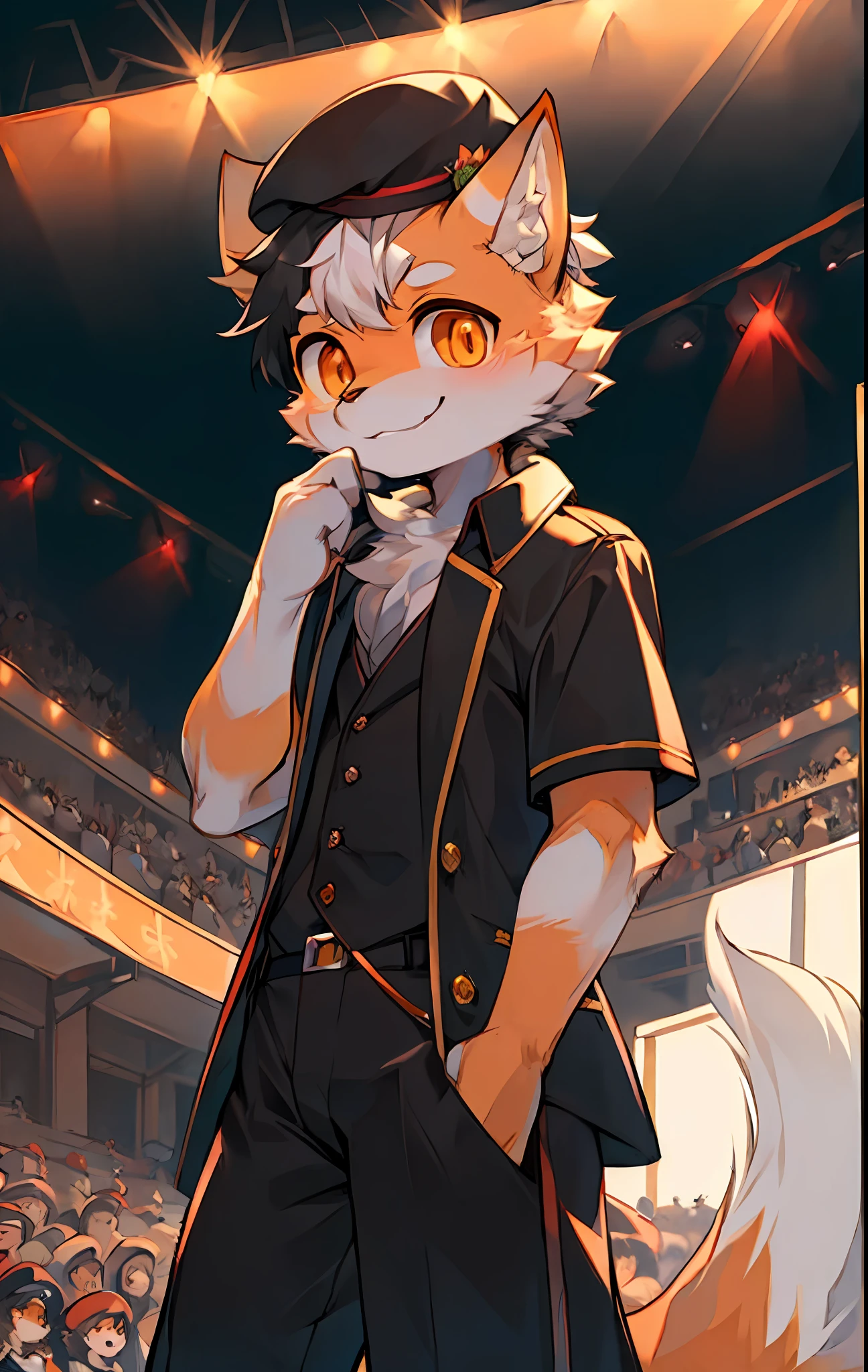 shaggy,There is a fluffy tail,Short hair,White fur,orange eyes,eyes with brightness,Characters stand,独奏,beret,Painter's costume,painter,adolable,Smile at the audience,colorful