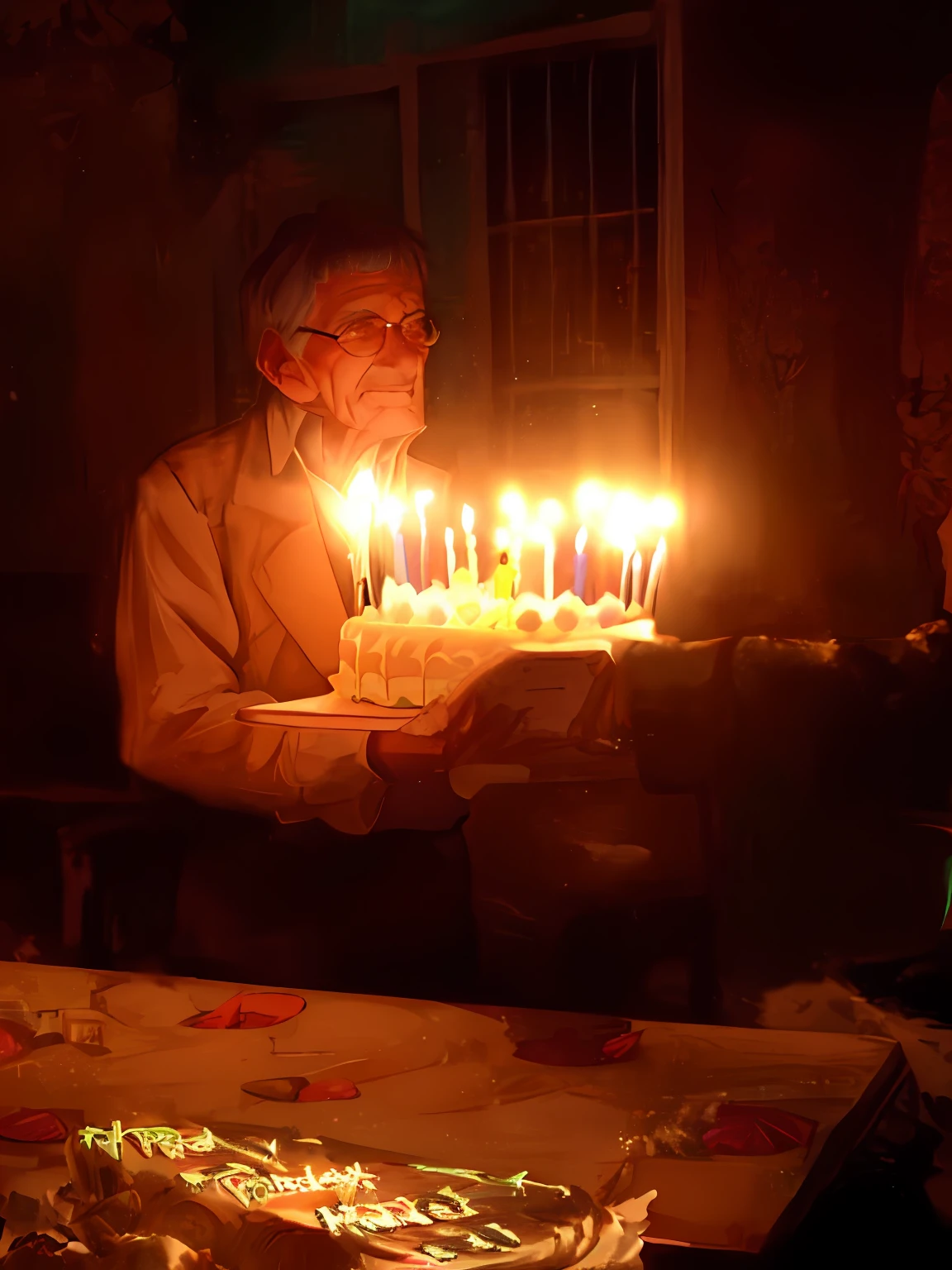 "(1 exquisite birthday cake:1.2),Warm and soft lighting, (Inclusive age of 60 and above：0.8),An old man with a face full of years，(Celebrate:1.2)，(Birthday party:1.1), （Sparkling candles:1.2）"