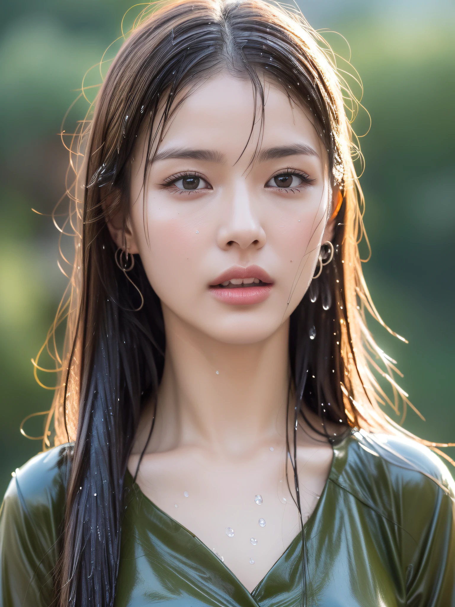 (Best quality, 4k, Masterpiece :1.3), pretty woman, 1girl, (breasts, attractive body :1.2), abs :1.1, dark brown hair: 1.1, (rainy wet, wet from rain, wet body :1.2), ultra-detailed face, detailed lips, detailed eyes, double eyelid