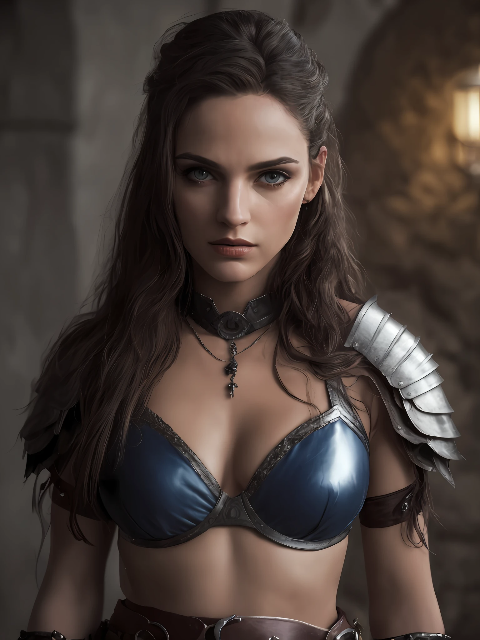 Corpo inteiro, (alta qualidade: 1.3), Cinematic Still Shot, obra-prima, (foco nítido: 1.5), (fotorrealista: 1.3), medium portrait of (a tired-looking Viking warrior woman, Loire, cabelo cortado lateralmente, tatuagens, Seios enormes, mas ainda orgulhosa e feroz, now the leader of her village , vestida com cota de malha elaboradamente detalhada e armadura de couro, floresta, giving the scene a somber atmosphere, but sculpting the shapes in crisp chiaroscuro), it is night time, (pele altamente detalhada), (rosto detalhado), fundo detalhado, dark ilumination, twilight lighting, volumeric lighting, detalhes complexos, UHD,