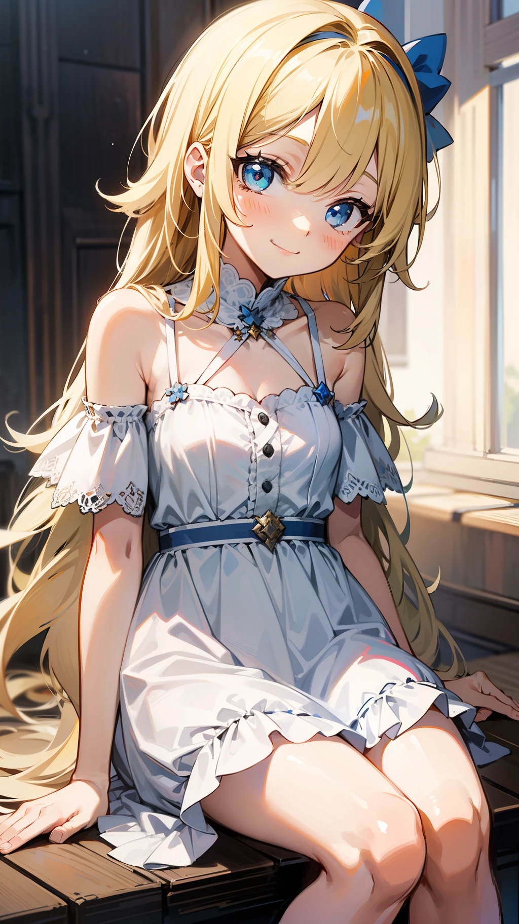 a little loli girl is sitting on the surface, 1girl, solo, blonde hair, blue eyes, sitting, long hair, dress, looking at viewer, smile, white dress,