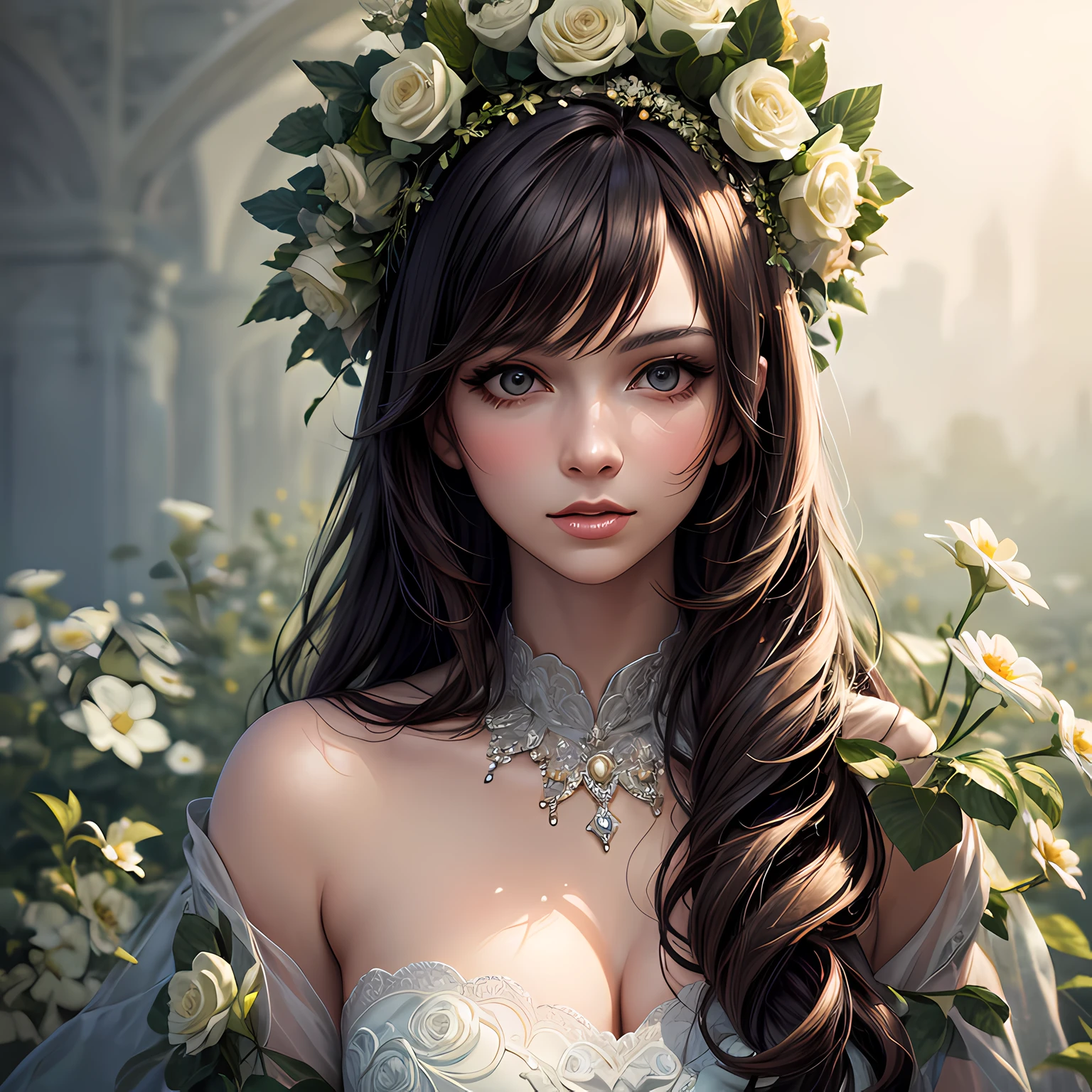 (masterpiece, best quality), photorealistic illustration, mature woman, flower dress, colorful, darl background,flower armor, green theme,
