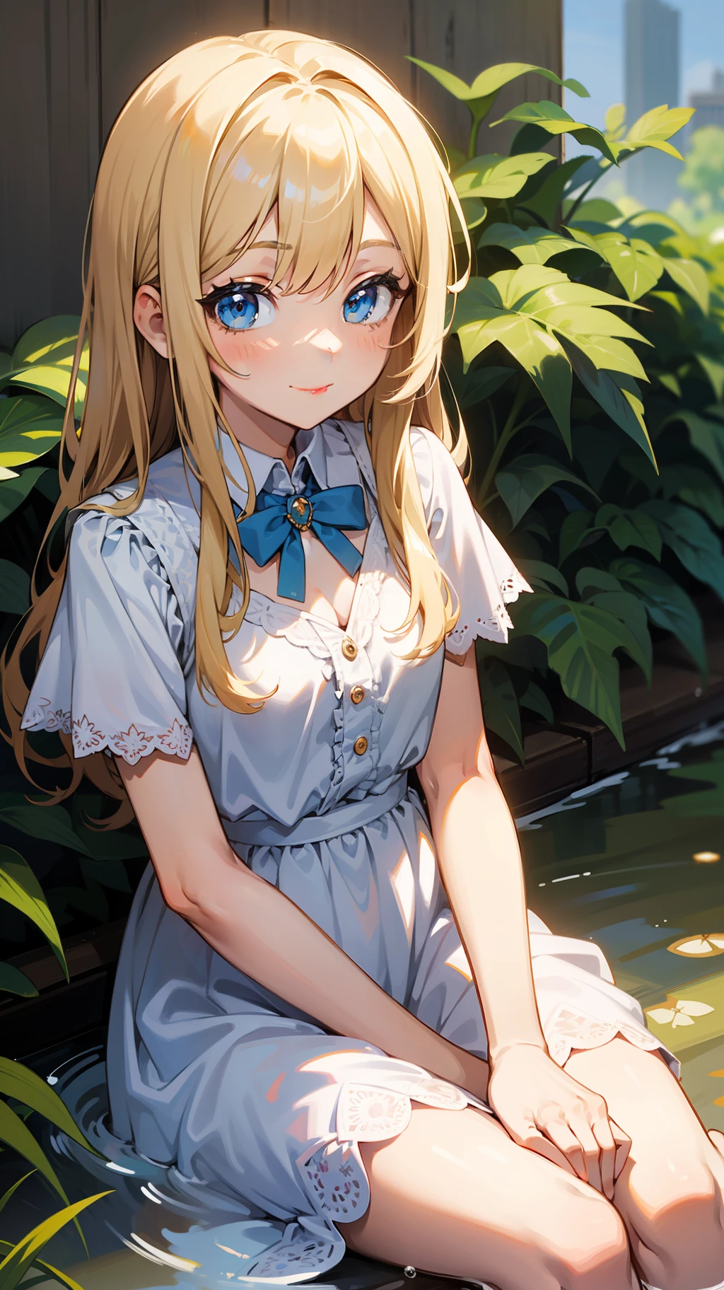 a little girl is sitting on the surface, 1girl, solo, blonde hair, blue eyes, sitting, long hair, dress, looking at viewer, smile, white dress,