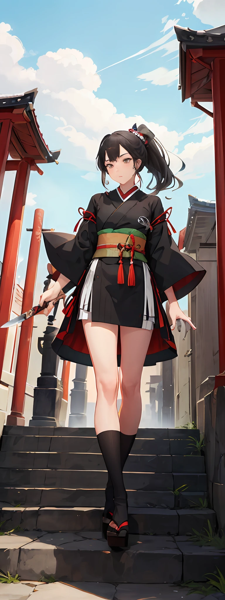 one-girl,Black high ponytail,Gray eye,full bodyesbian,Wheat-colored skin,samurai clothing,Long knives,Under the temple steps