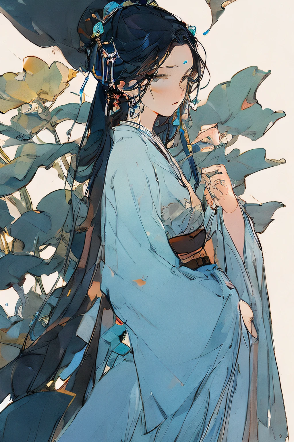 Ancient Chinese beauty sitting on stone, wearing ancient Chinese costume, flowing blue tulle, light silk, lazy pose, large lotus leaves, lotus flowers, ink painting style, clean colors, decisive cutting, white space, freehand, masterpiece, super detailed, epic composition, high quality, highest quality, 4k --v 6