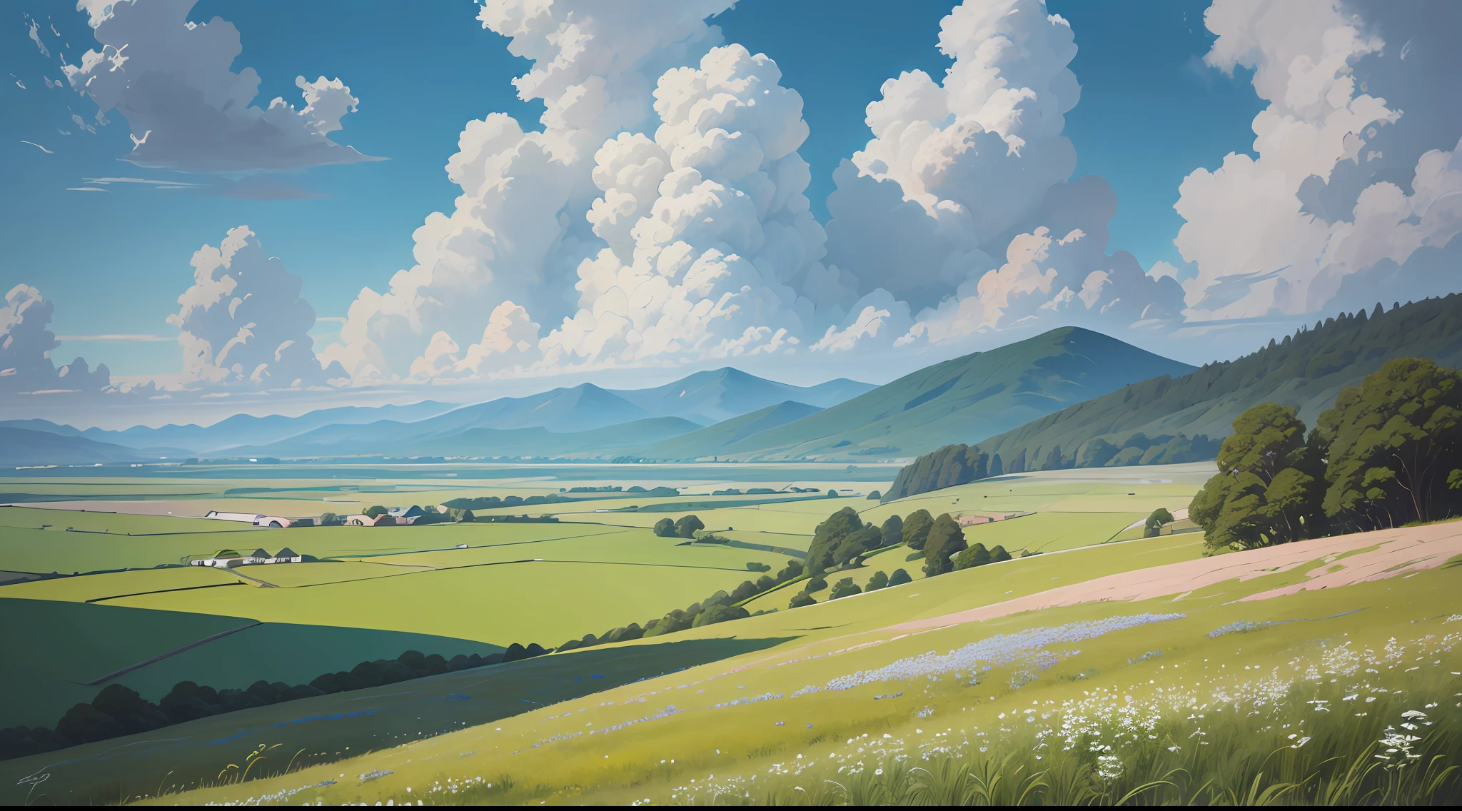 Realistic, authentic, beautiful and amazing landscape oil painting Studio Ghibli Hayao Miyazaki's petal grassland with blue sky and white clouds --v6