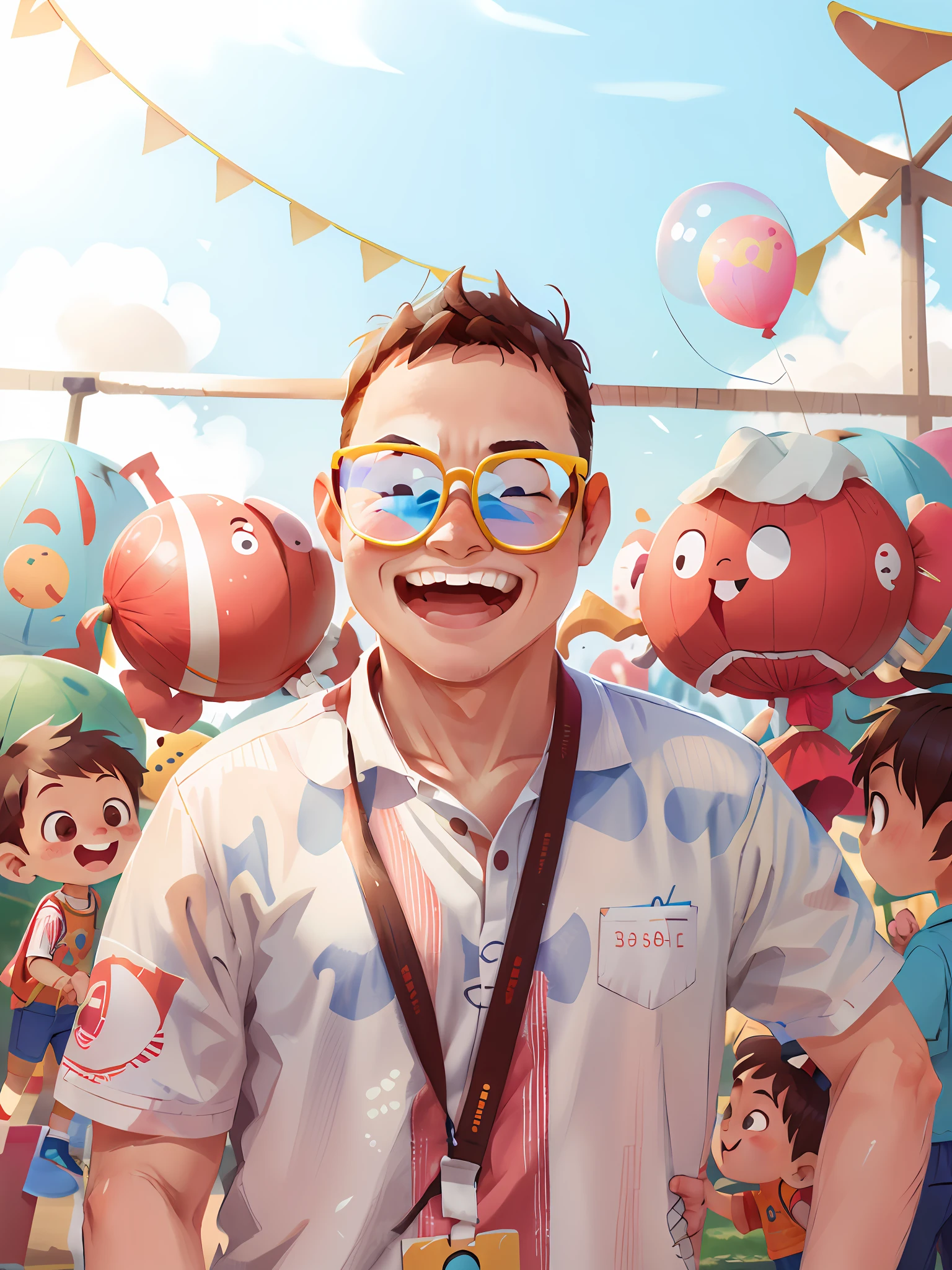 Poster making, Children's Day, in the amusement park, a little boy holding a balloon, happy, jumping, happy --v 6