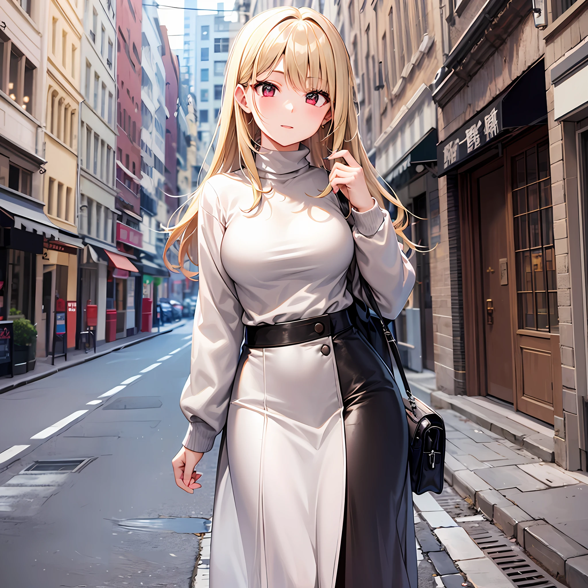 One blonde girl、red eyes、White turtleneck、Black long skirt