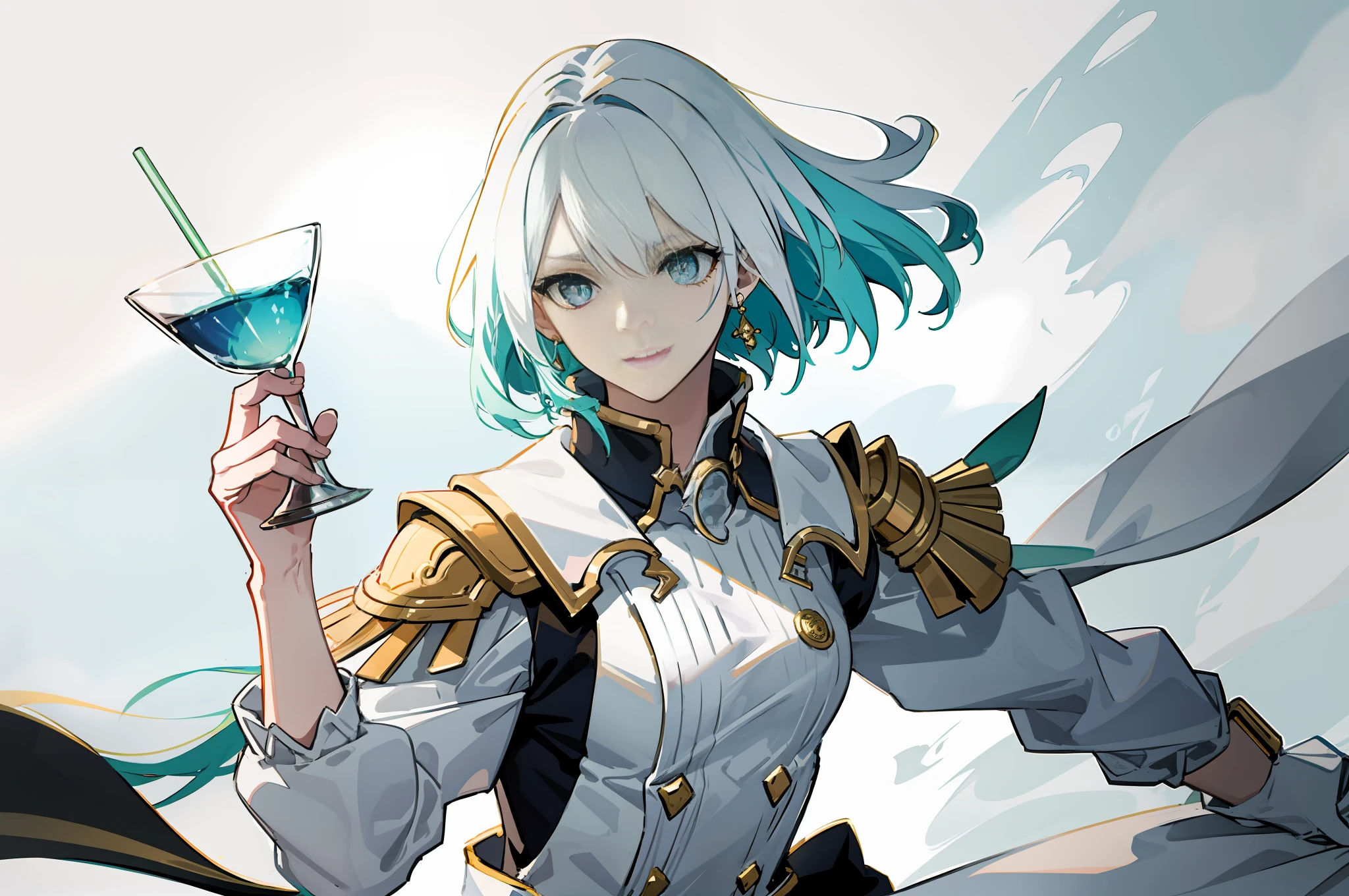 "((masutepiece)), Best Quality, Ultra-detailed, Extremely detailed, (1 girl), floating golden hair, Blue eyes, white imperial outfit,Green hairs,Dynamic Focus, Anime style,(Colorful colors), color filtration."