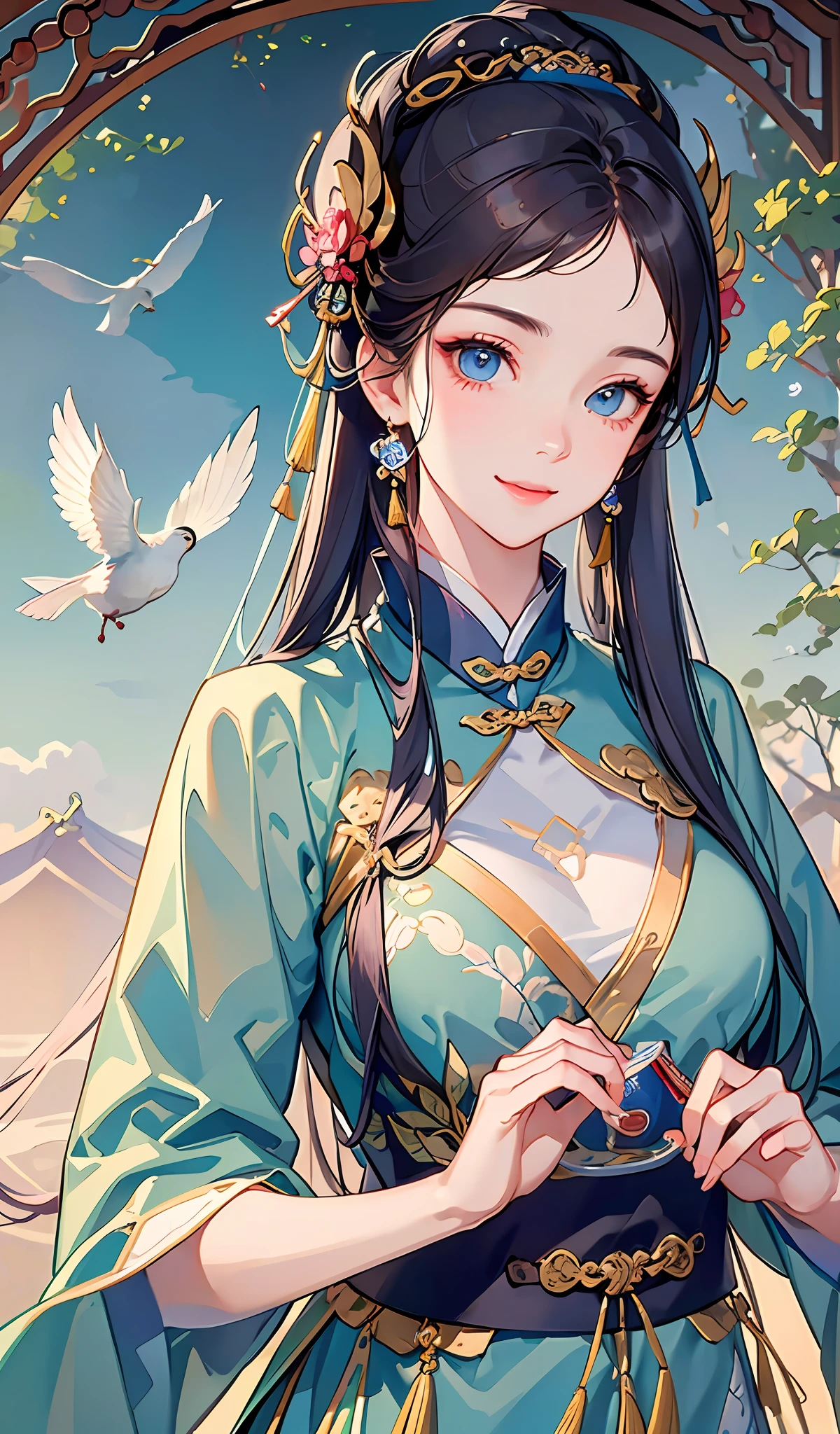 Best quality, full bodyesbian, A high resolution, Wuxia 1girl, china dress, Super beautiful face, super beautiful eye, Super beautiful hair Super beautiful face,Super beautiful eyes,Super beautiful hair,Smiling face,One guy,White bird in background,Sword dance。